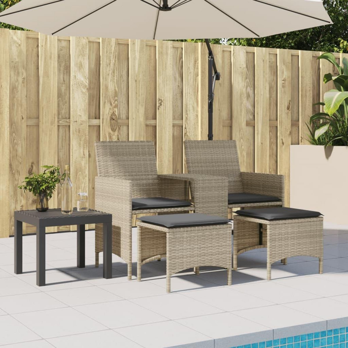 VIDAXL Canape de jardin 2 places avec table tabourets gris clair rotin