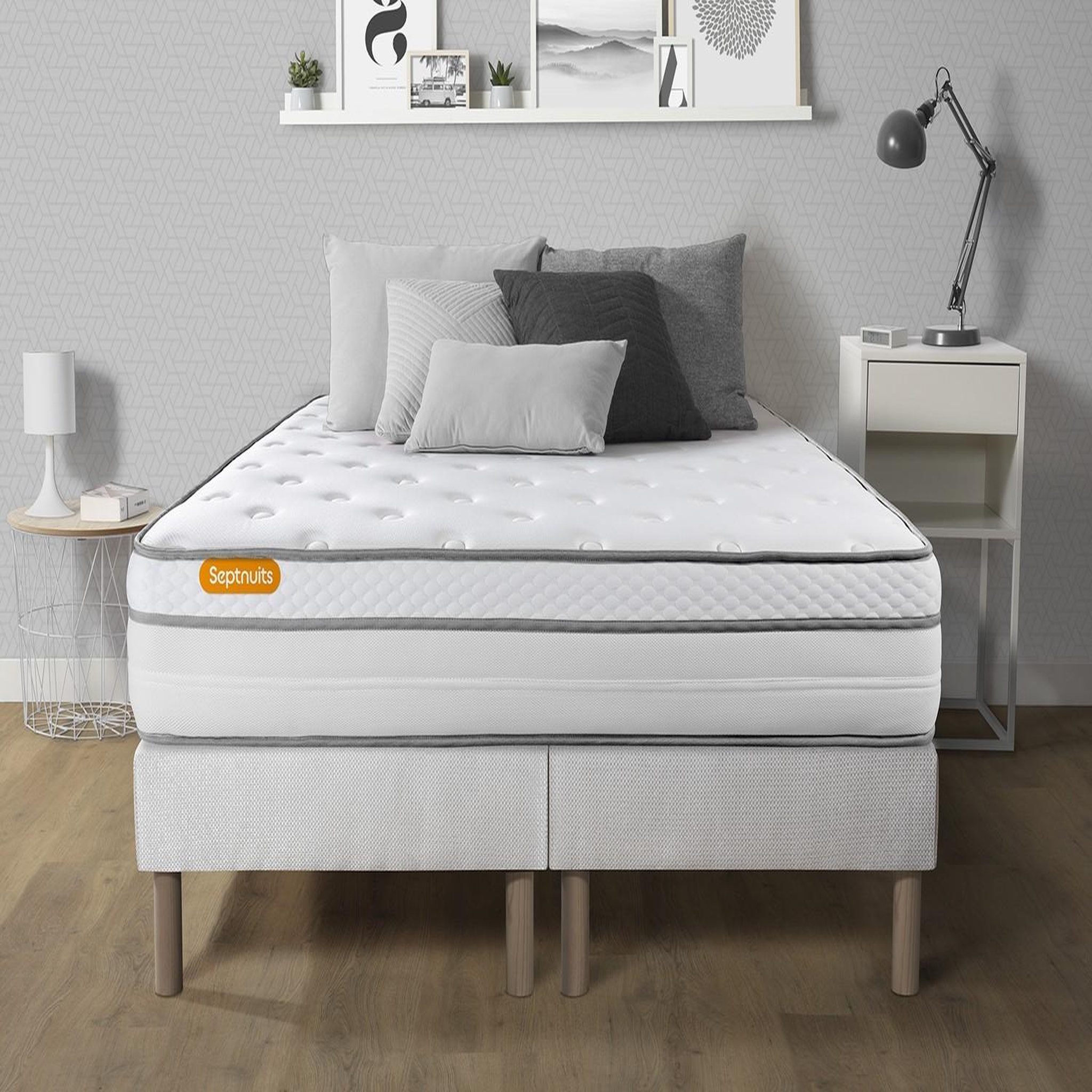 SEPTNUITS Matelas + double sommiers Memo Luxe Ressorts ensachés + mémoire de forme 5 zones de confort MAXI épaisseur. Coloris disponibles : Blanc