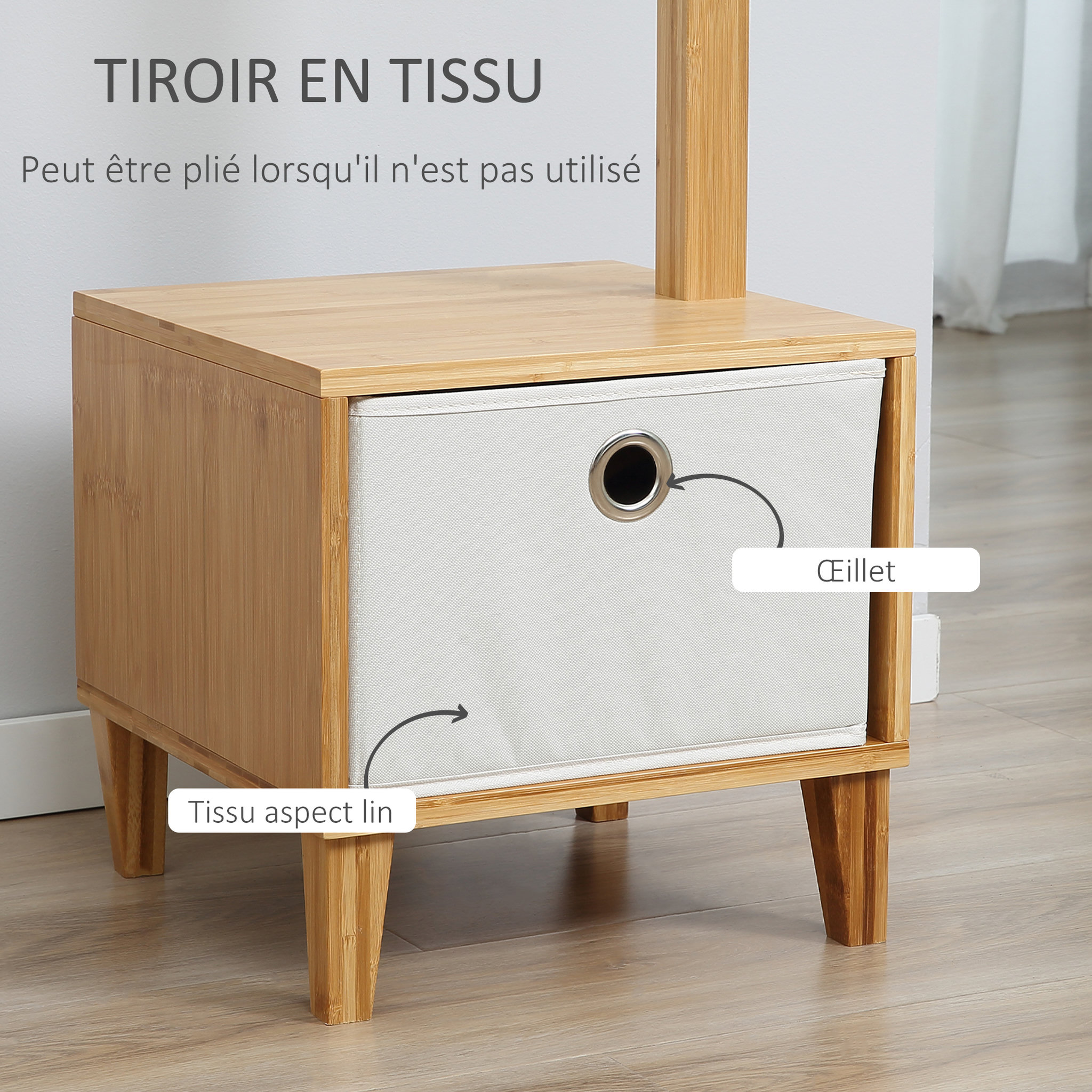 Voir la diapositive 6 : HOMCOM HOMCOM Meuble rangement avec tiroir porte-manteau banc 3 en 1 style scandinave polyester gris clair bois massif bambou