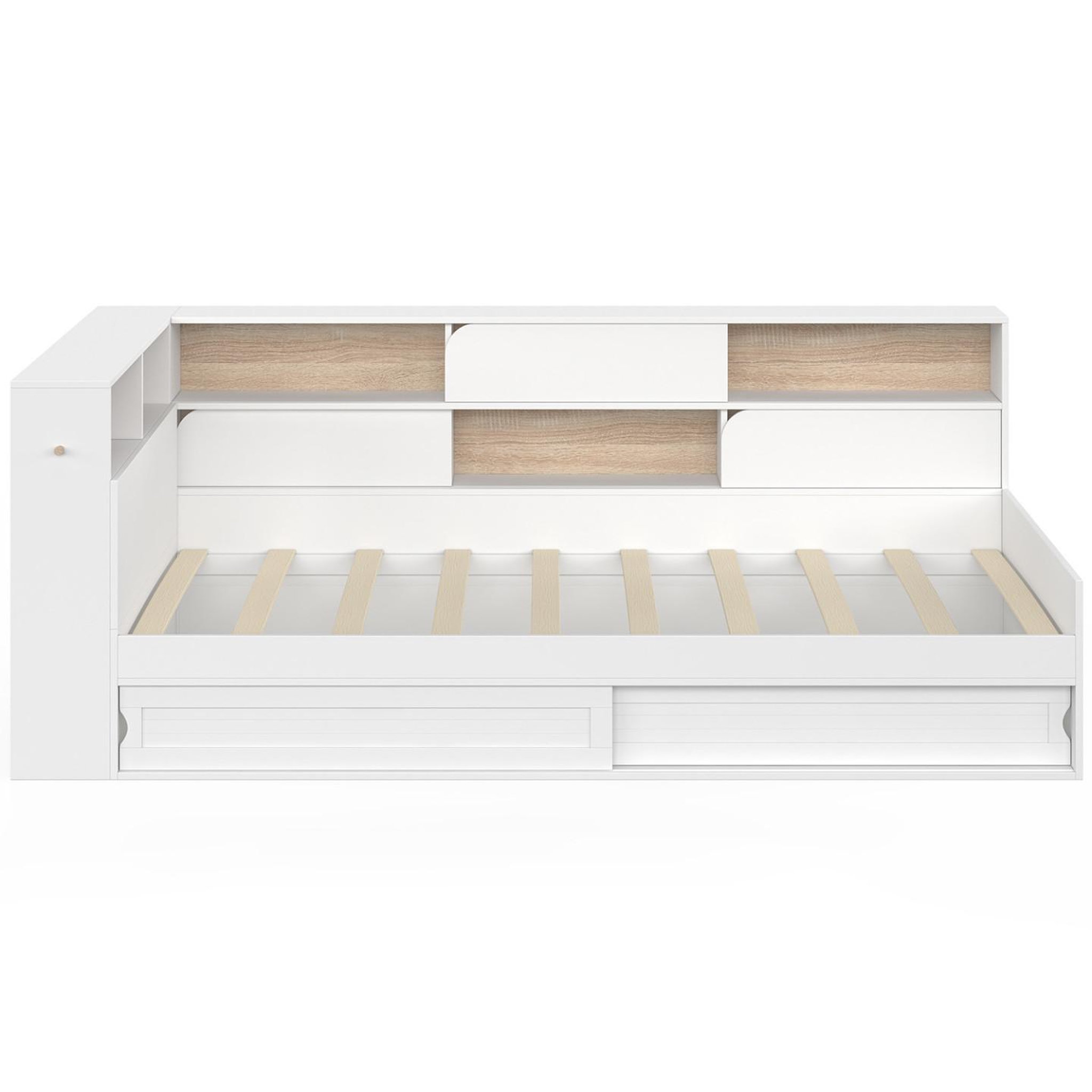 Voir la diapositive 3 : ID MARKET Lit simple timothee avec rangements, tête de lit avec niches et sommier 90 x 190 cm blanc et hêtre