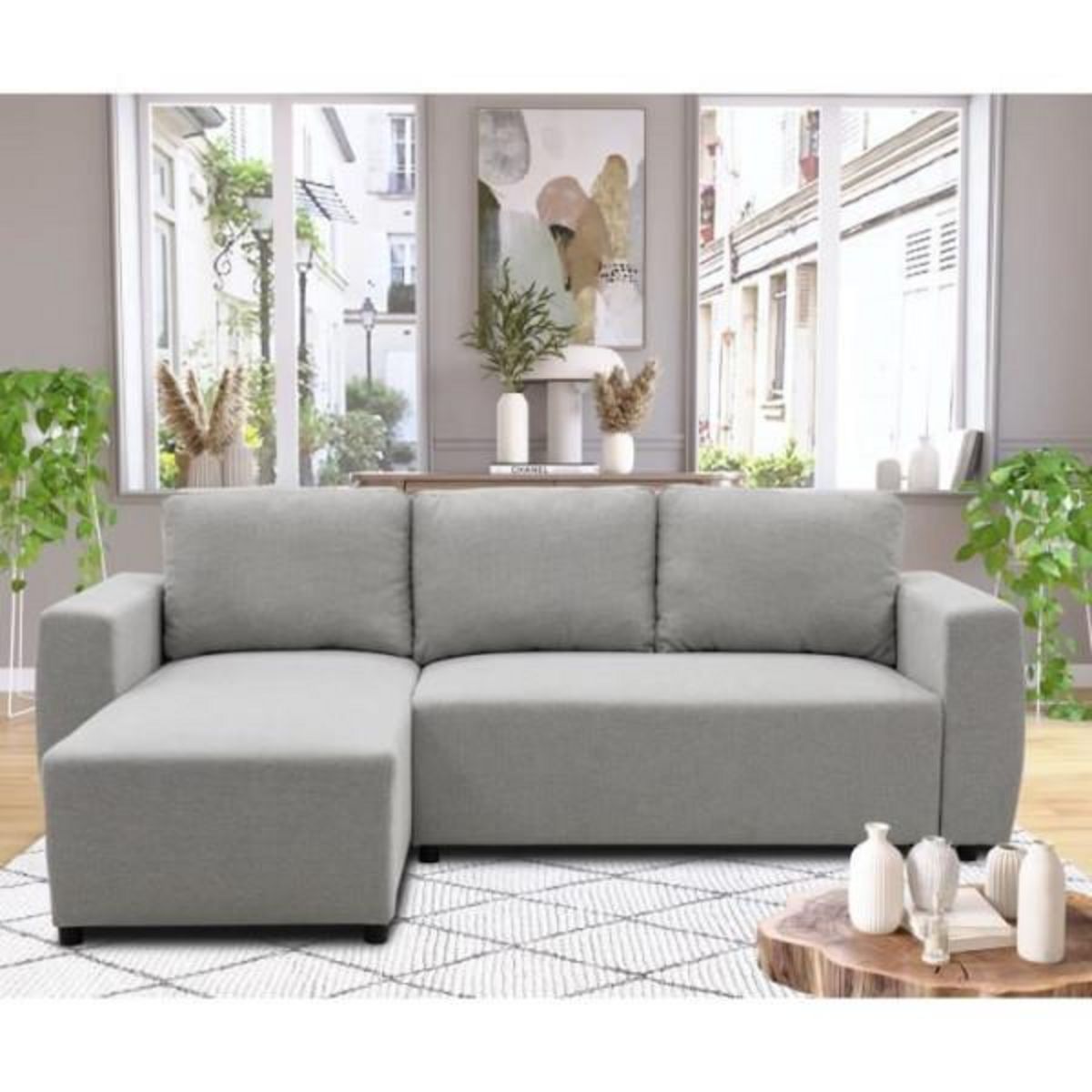 MARKET24 Canapé d'angle convertible réversible 3 a 4 places - PHARELL - Tissu souris - Coffre de rangement - L 224 x P 155 x H 85 cm