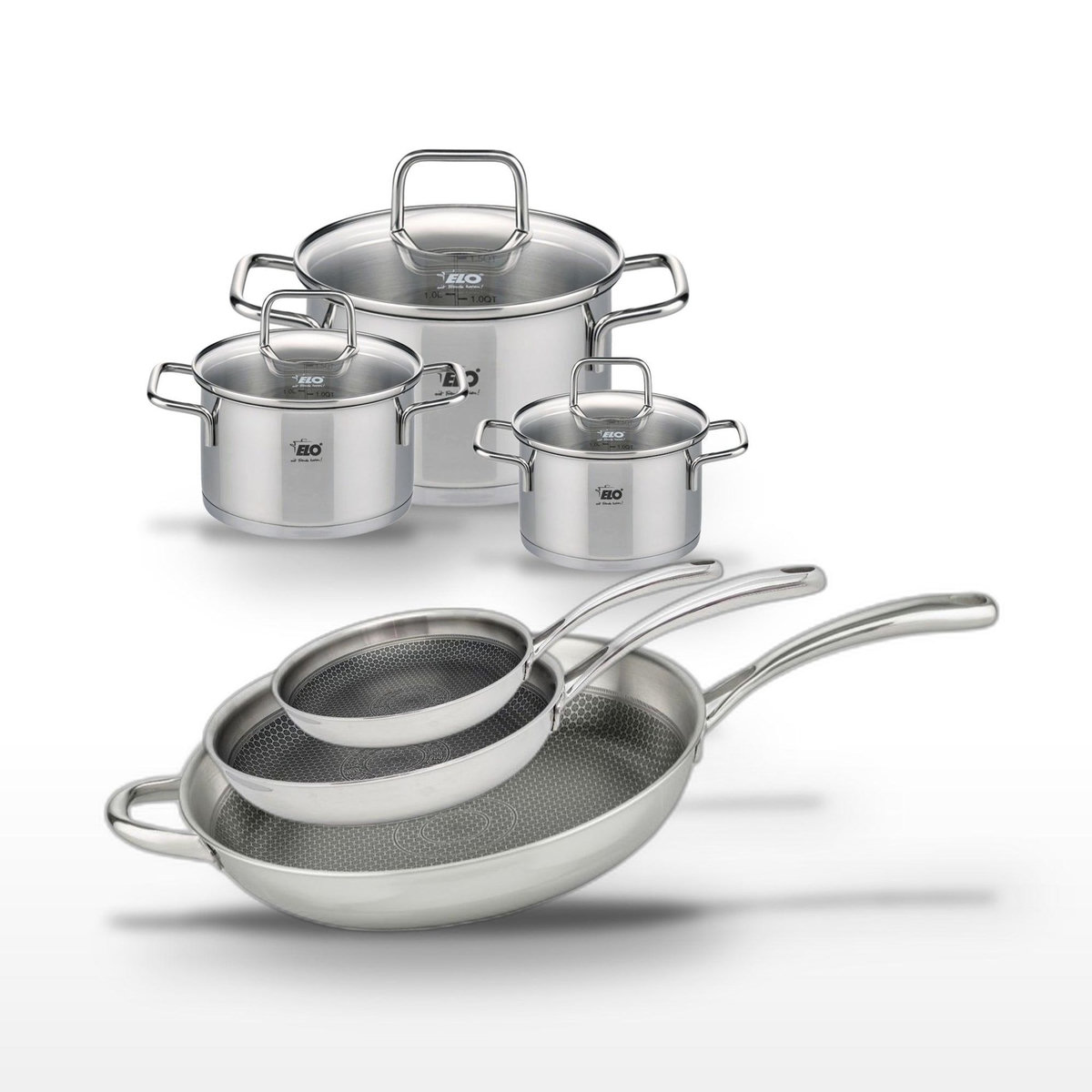 ELO Lot 3 Poêles Elo Relief Evolution 24/28/32cm & 3 Faitouts Elo Citrin 12/14/20cm