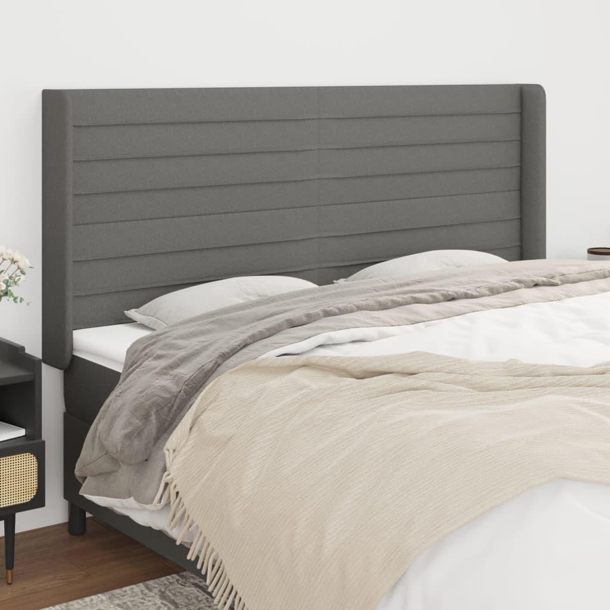 Voir la diapositive 1 : VIDAXL Tete de lit avec oreilles Gris fonce 203x16x118/128 cm Tissu
