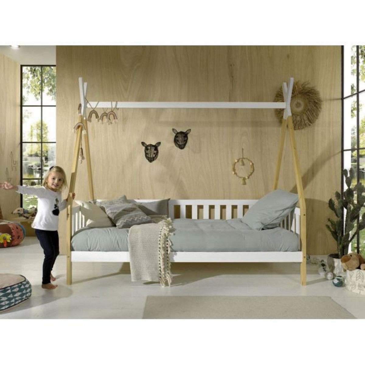 Paris Prix Lit Enfant & Barrière Pin Massif  Tipi  90x200cm Blanc