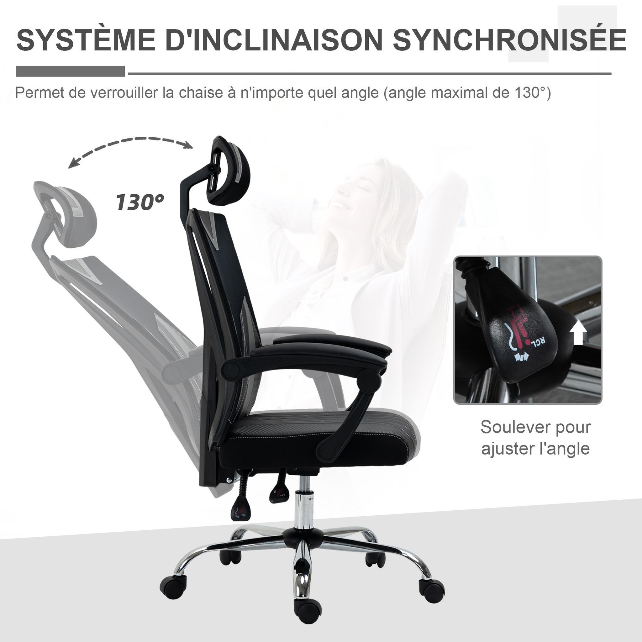 Voir la diapositive 5 : VINSETTO Fauteuil de bureau manager inclinable réglable support lombaires tétière tissu maille polyester PU gris noir