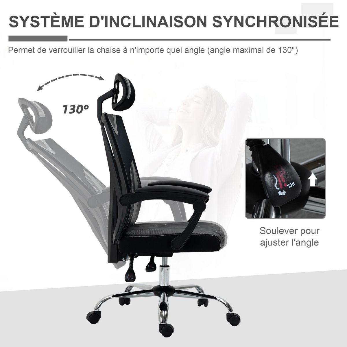 VINSETTO Fauteuil de bureau manager inclinable réglable support lombaires tétière tissu maille polyester PU gris noir