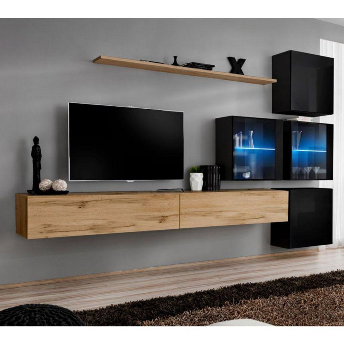 Paris Prix Meuble TV Mural Design  Switch XIX  310cm Naturel & Noir