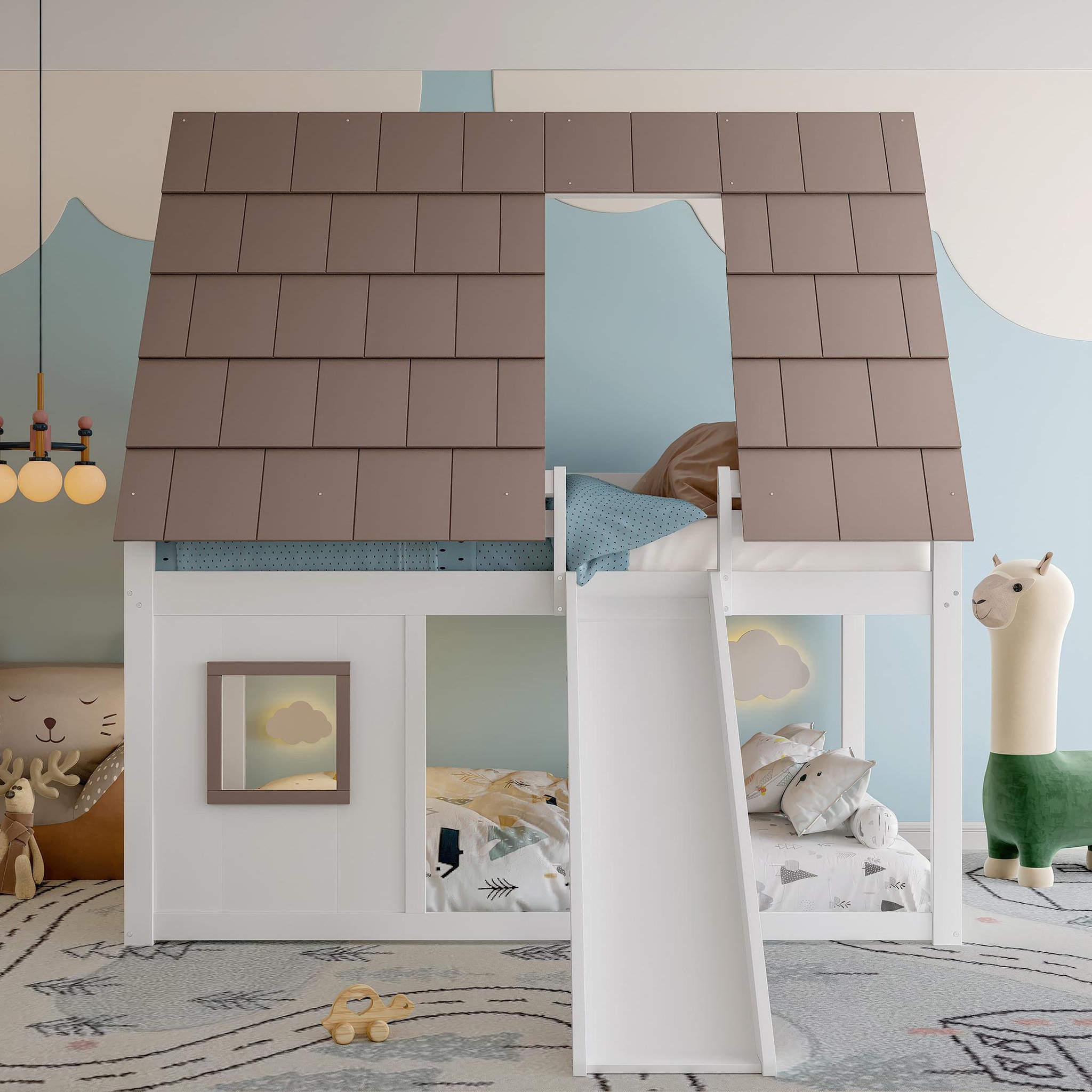 Voir la diapositive 2 : MERAX Lit superposé 140x200cm coloris blanc+marron pin et mdf