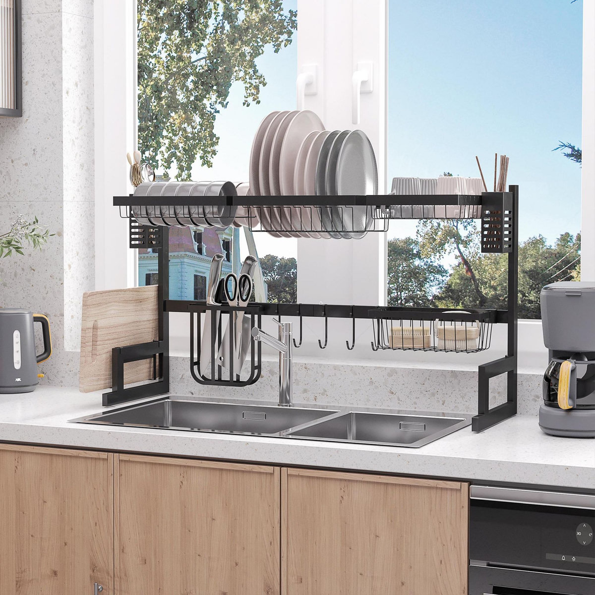 HOMCOM Égouttoir à vaiselle - organiseur d'évier - 8 espaces de séchage - pieds ventouses - acier inox. noir