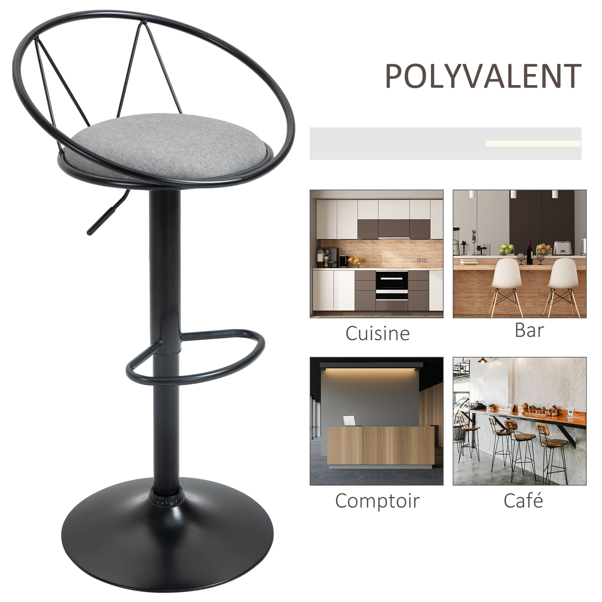 Voir la diapositive 4 : HOMCOM Lot de 2 tabourets de bar design néo-rétro réglable pivotant avec repose-pied métal noir lin gris