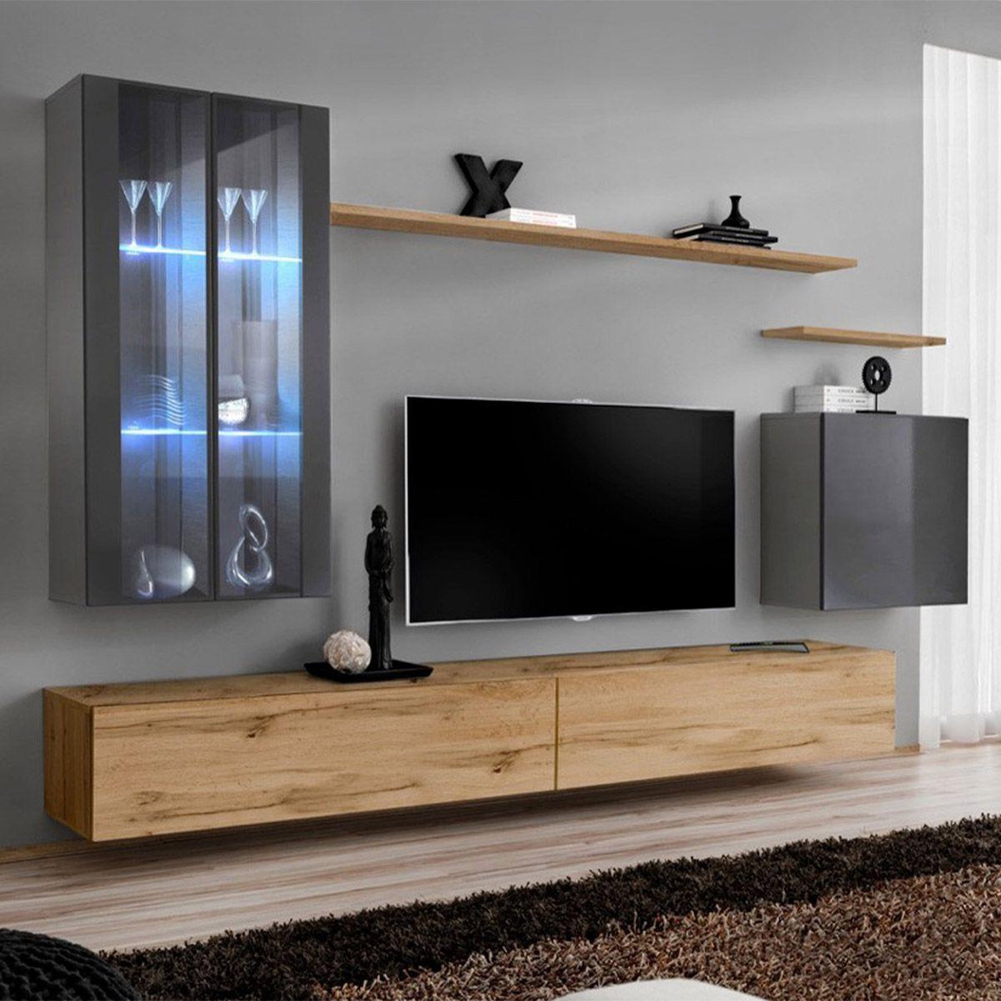 Voir la diapositive 1 : Paris Prix Meuble tv mural design  switch xii  270cm gris & naturel