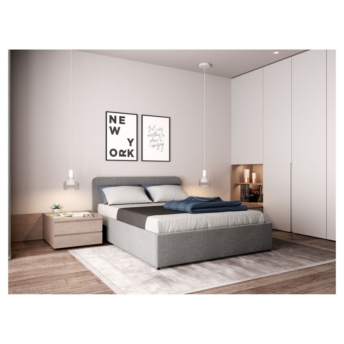 Lit coffre avec sommier relevable et tête de lit arrondie en tissu 160x200 cm CARVOEIRO