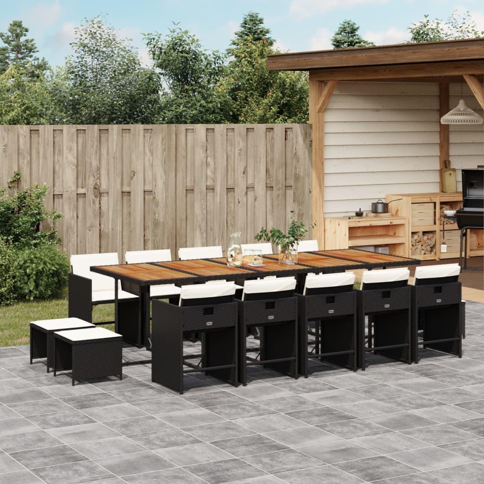 VIDAXL Ensemble a manger de jardin 15 pcs coussins noir resine tressee