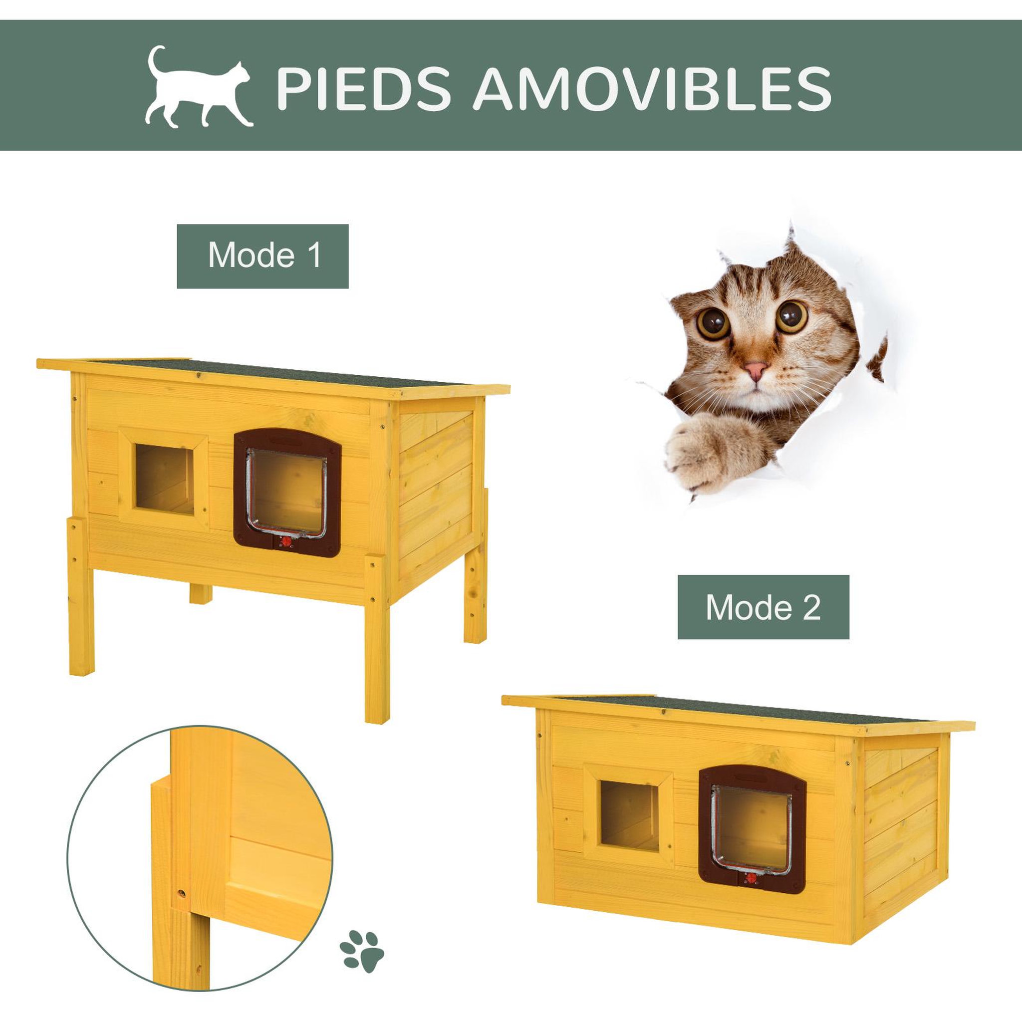 Voir la diapositive 6 : PAWHUT Maison niche pour chat sur pied toit bitumé ouvrant porte fenêtre bois verni