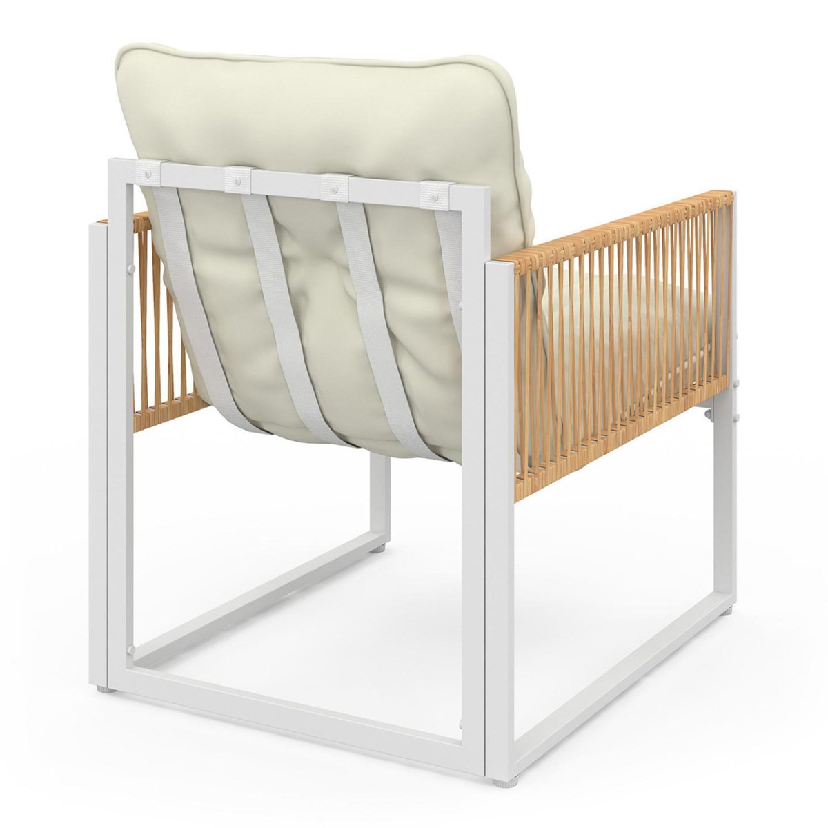 ID MARKET Salon de jardin bas RIO 6 places structure métal blanc et cordage effet rotin avec coussins beige