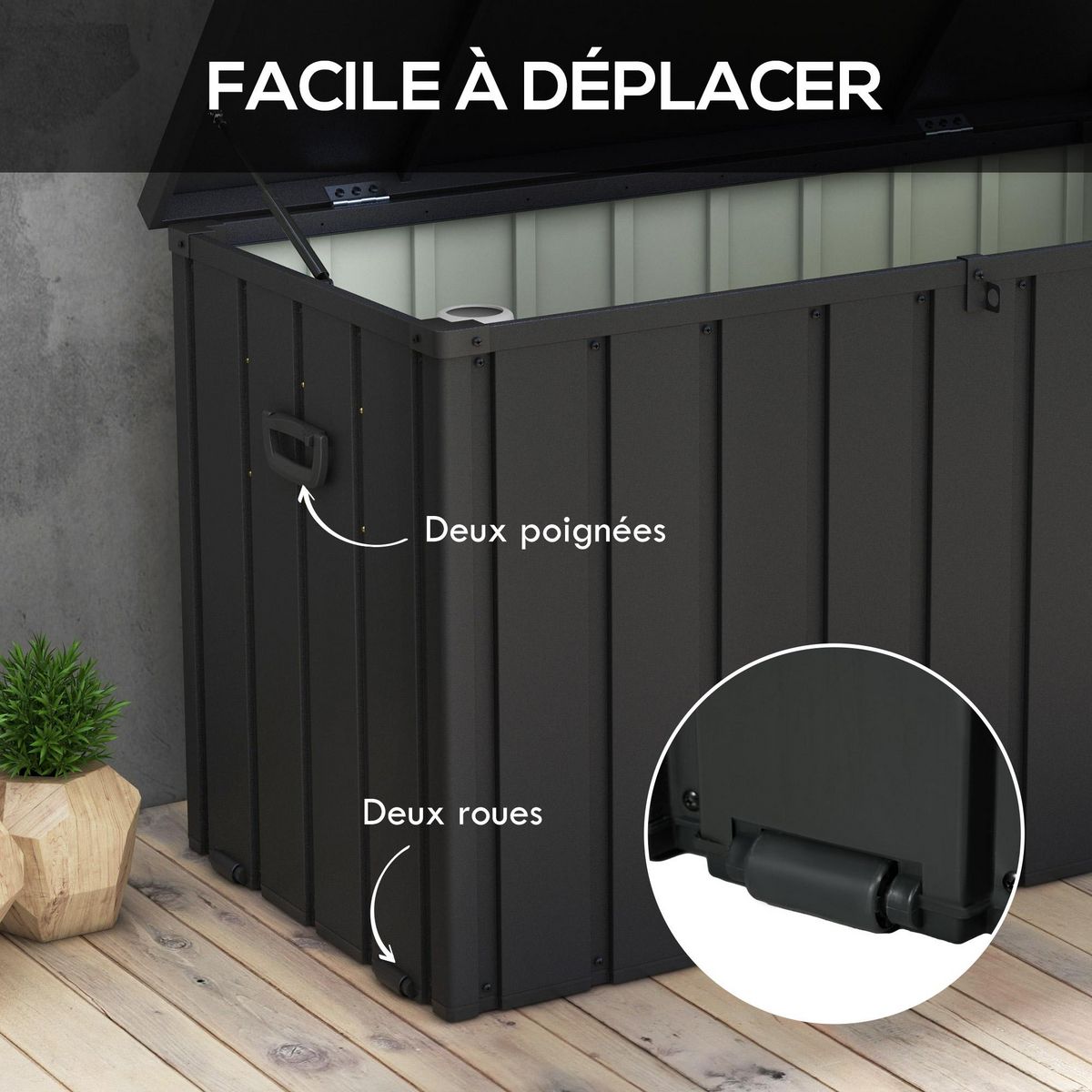 OUTSUNNY Coffre de rangement jardin capacité 450L - vérin à gaz, roulettes, poignée - acier PP anthracite