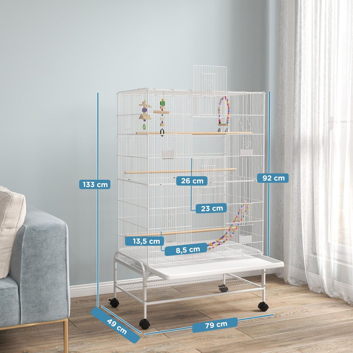 PAWHUT Cage à oiseaux sur roulettes - étagère, plateau déjection, 3 perchoirs, 4 mangeoirs, 2 portes, 8 trappes, accessoires - acier