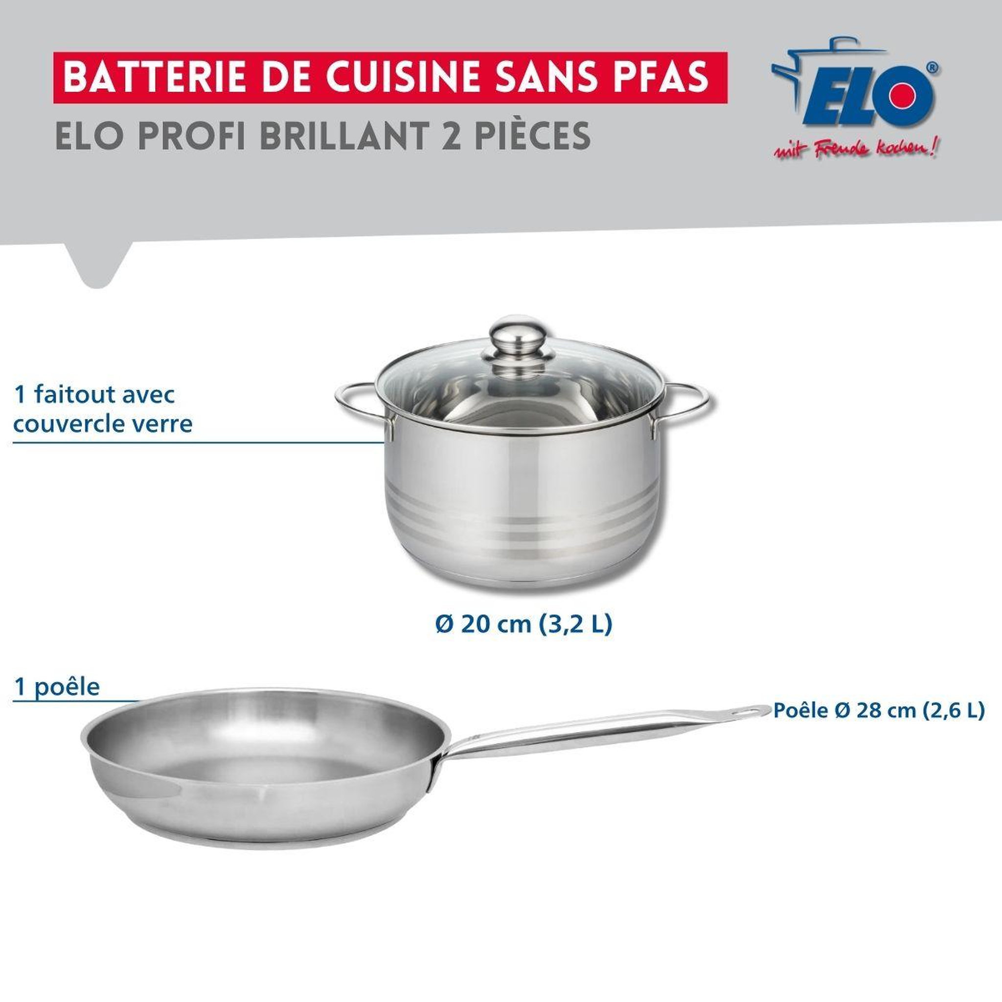 Voir la diapositive 2 : ELO Ensemble de 1 poêle de cuisson 28 cm et 1 faitout 20 cm elo profi brillant