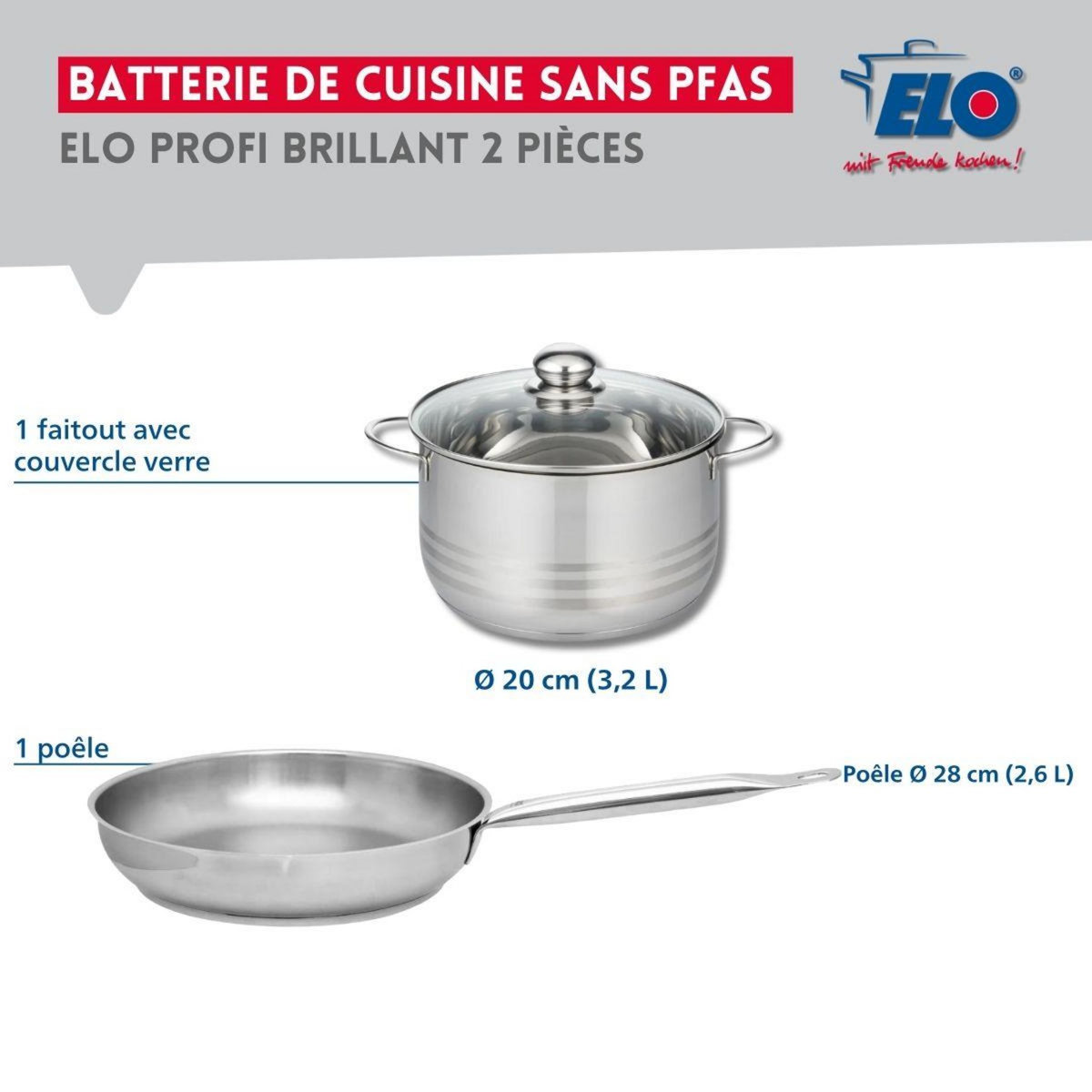 ELO Ensemble de 1 Poêle de cuisson 28 cm et 1 faitout 20 cm Elo Profi Brillant