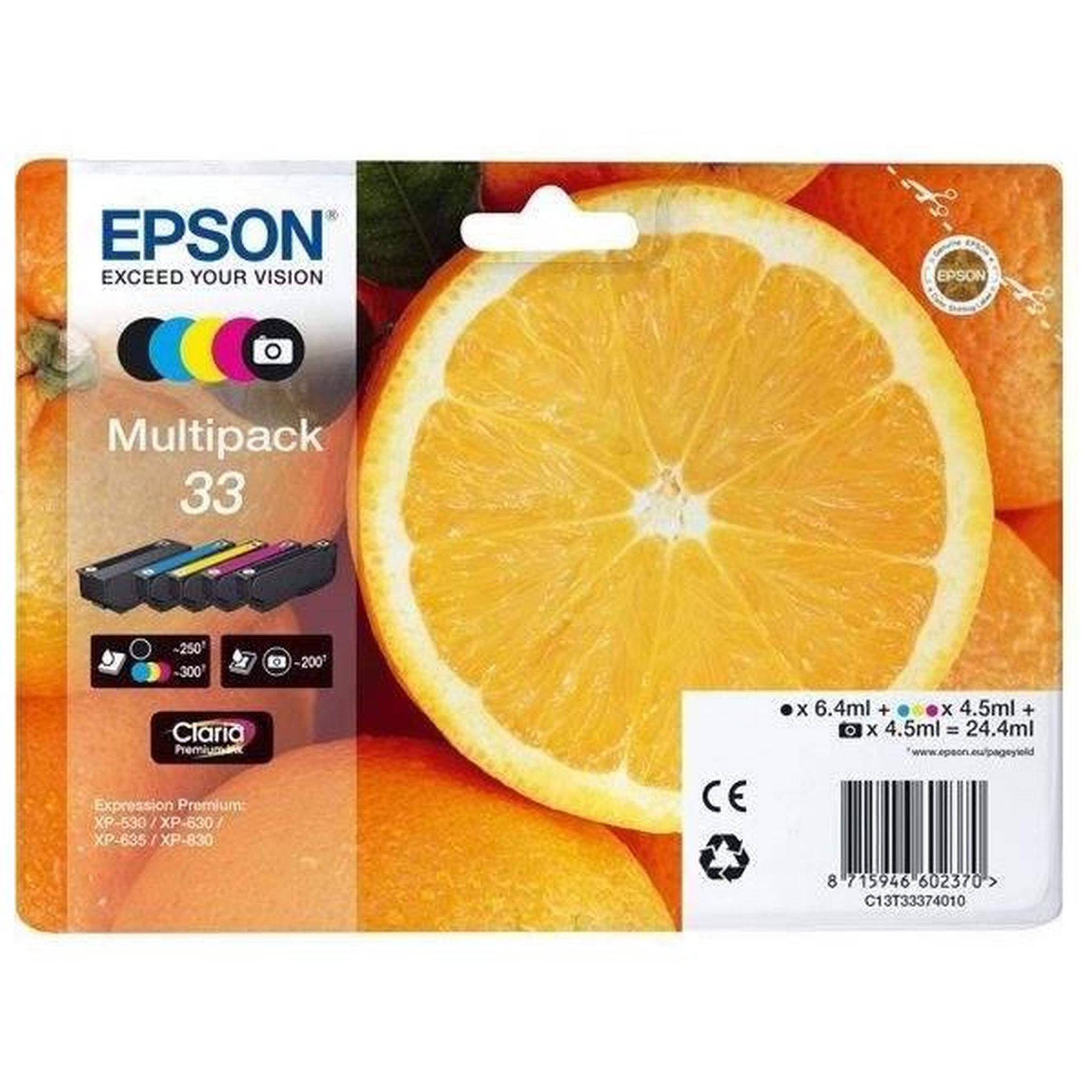 Epson Cartouche imprimante - epson - 33 claria c13t33374011 - cyan, magenta, jaune, noir, photo noire - pack de 5 - 24,4 ml