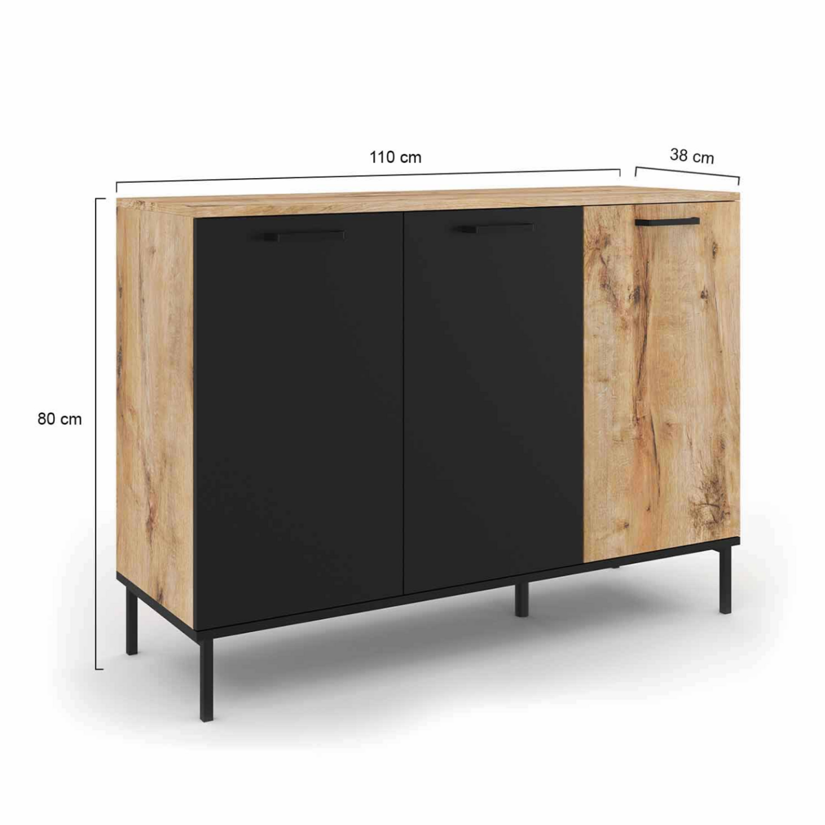 ID MARKET Buffet 110 cm OAKLAND 3 portes bois et noir design industriel