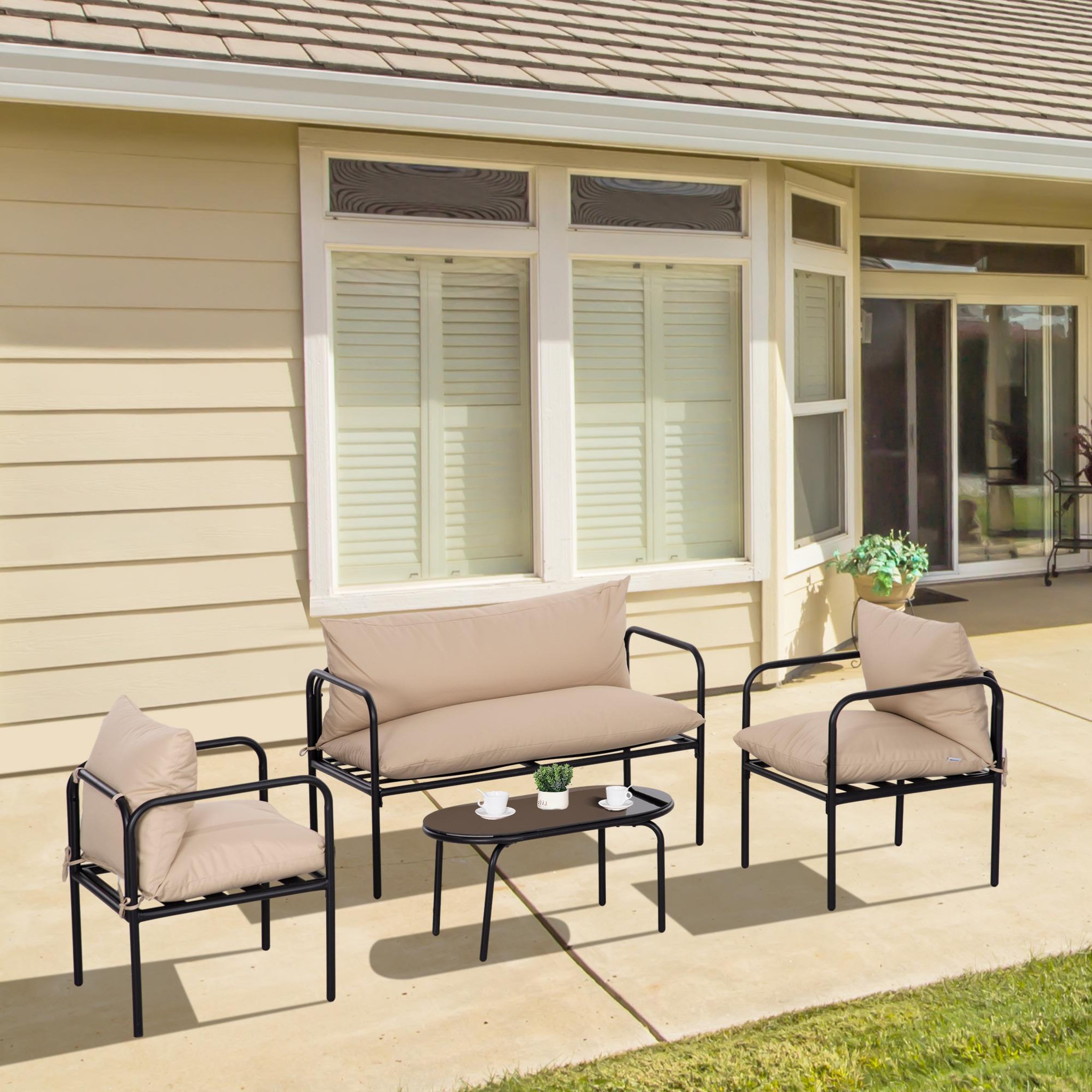 Voir la diapositive 2 : OUTSUNNY Ensemble salon de jardin 4 places 4 pièces avec coussins beige