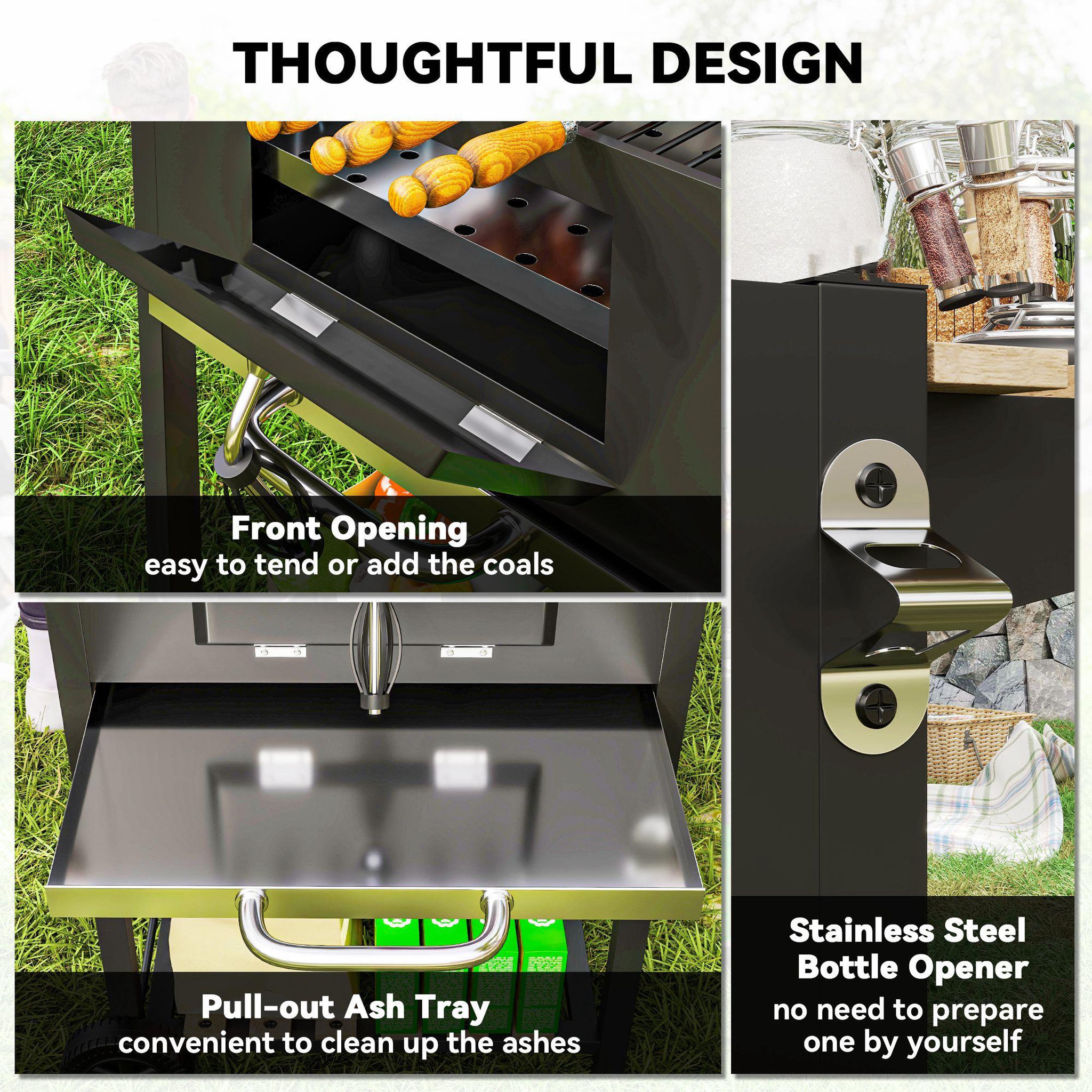 Voir la diapositive 5 : OUTSUNNY Barbecue charbon de bois avec couvercle 2 roues - hauteur grille réglable, thermomètre, 3 étagères - acier noir bois