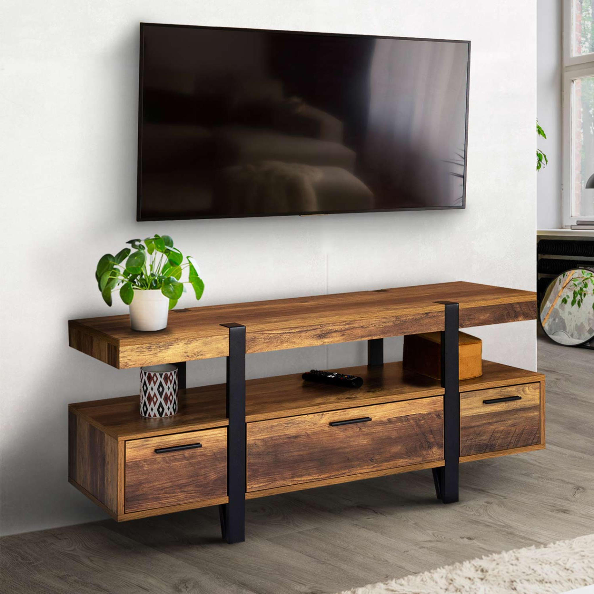 Voir la diapositive 2 : ID MARKET Meuble tv 113 cm austria avec tiroirs bois pieds épingle