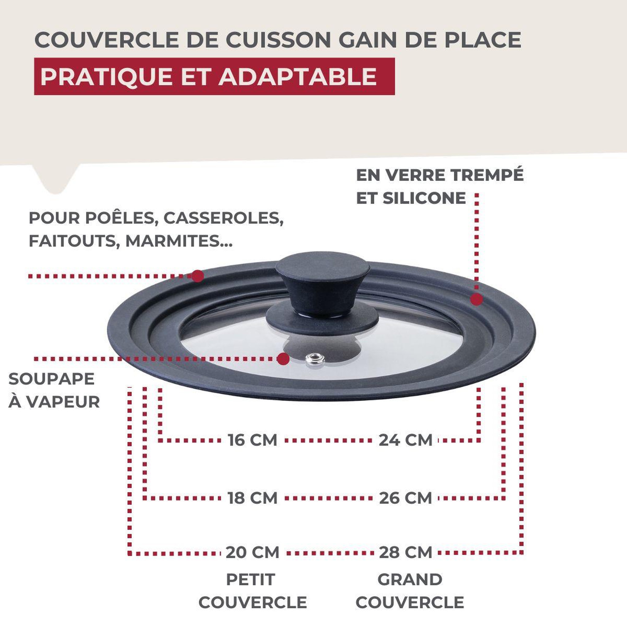 Voir la diapositive 6 : Fackelmann Set de 2 couvercles de cuisson 16/20 cm et 24/28 cm en verre et silicone Fackelmann Divers