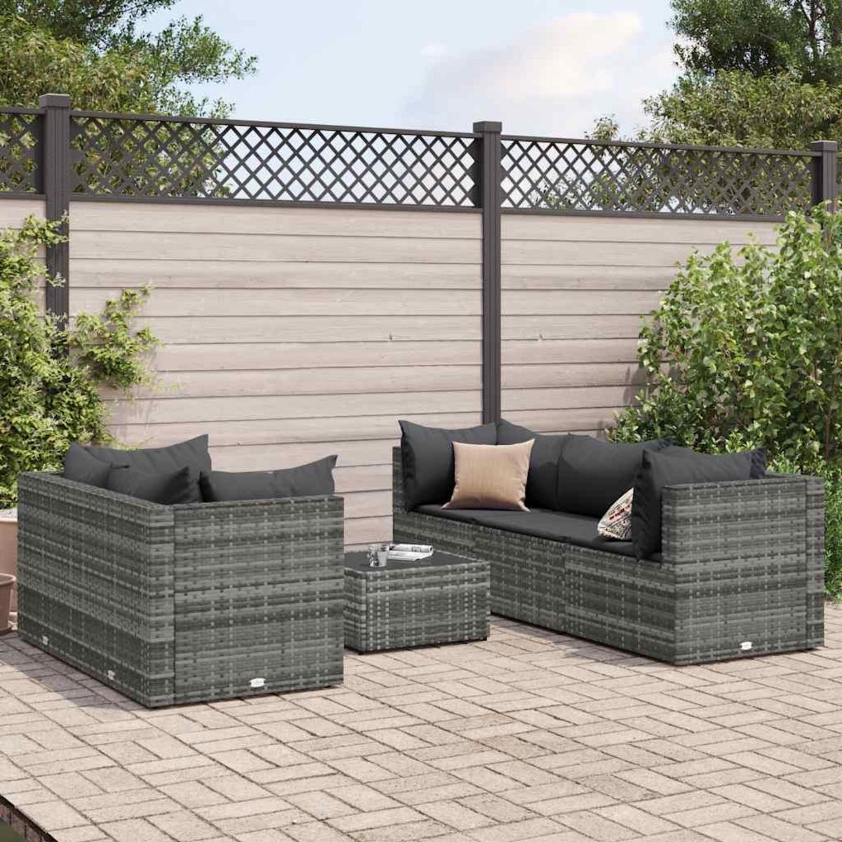 VIDAXL Salon de jardin 6 pcs avec coussins Gris Resine tressee