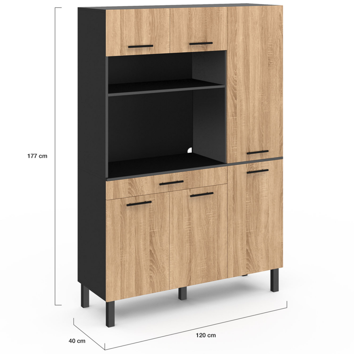 ID MARKET Buffet de cuisine avec colonne de rangement 120 CM CINA 6 portes + tiroir noir et façon hêtre