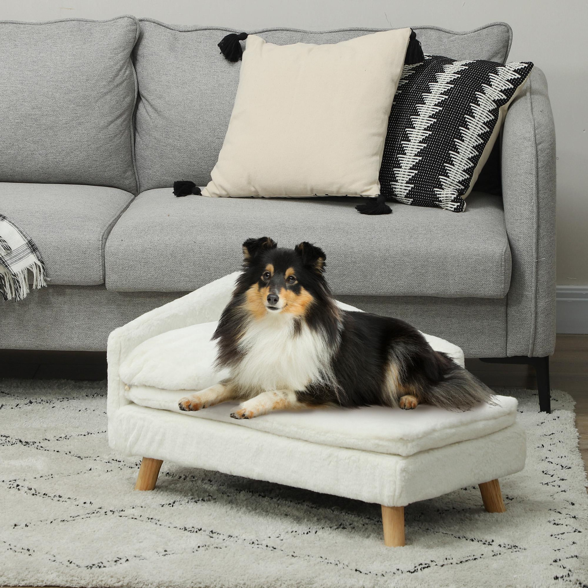 Voir la diapositive 2 : PAWHUT Canapé chien méridienne style scandinave 2 coussins déhoussables bois aspect fourrure crème