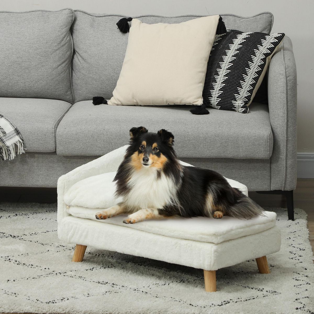 PAWHUT Canapé chien méridienne style scandinave 2 coussins déhoussables bois aspect fourrure crème