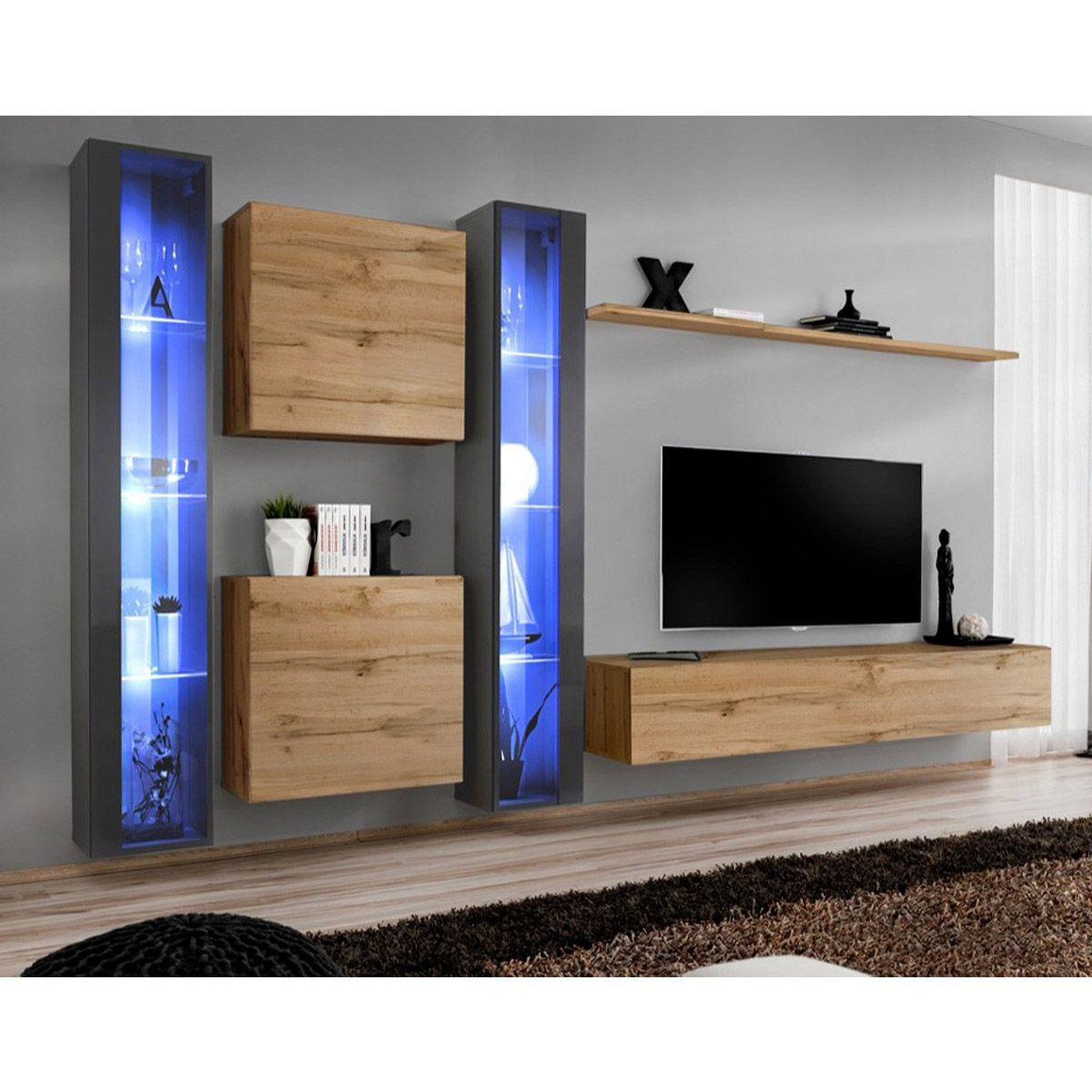 Voir la diapositive 1 : Paris Prix Meuble TV Mural Design  Switch XVI  330cm Naturel & Gris