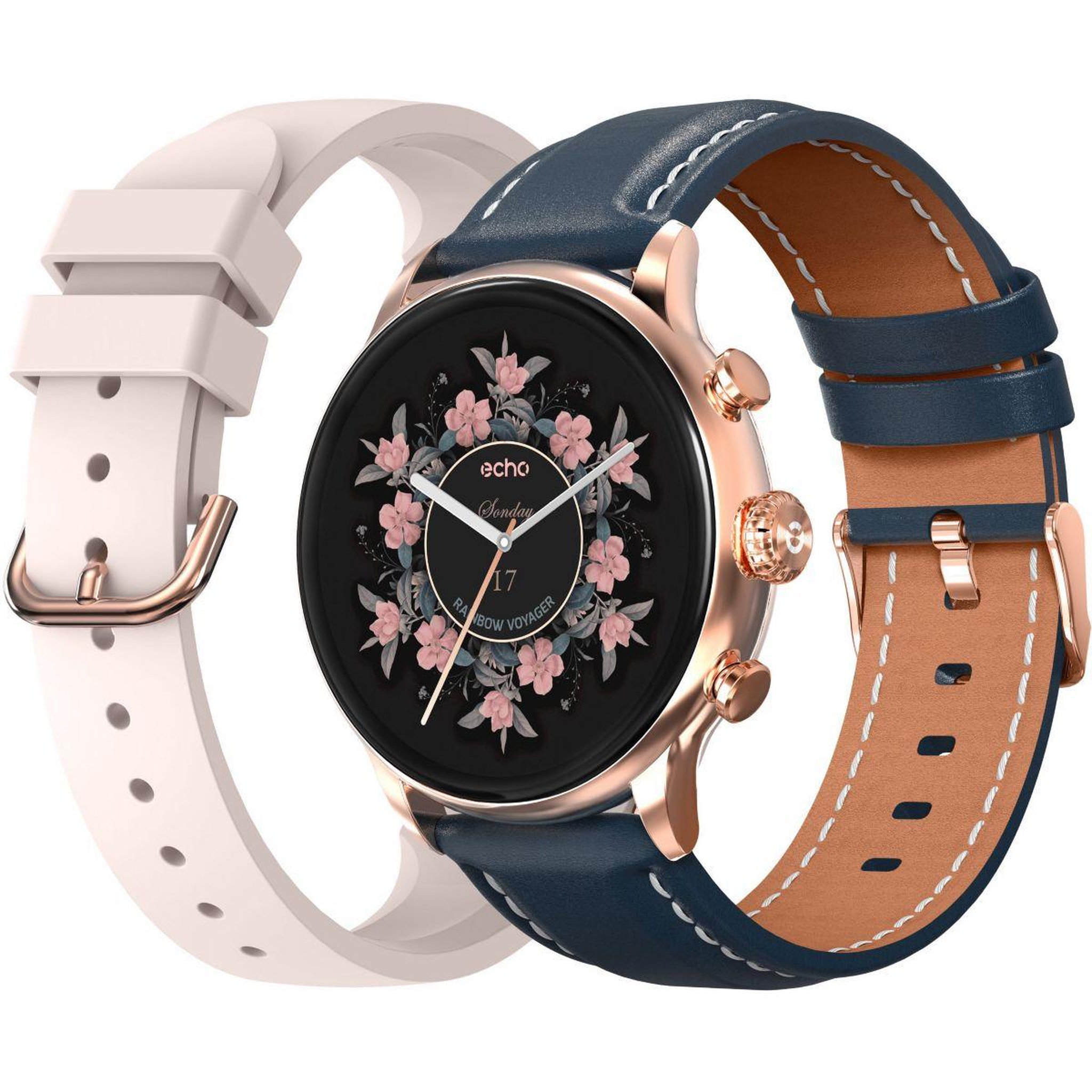 Voir la diapositive 1 : Echo Montre connectée Rainbow Voyager OrRose Silico+Bleu Cuir