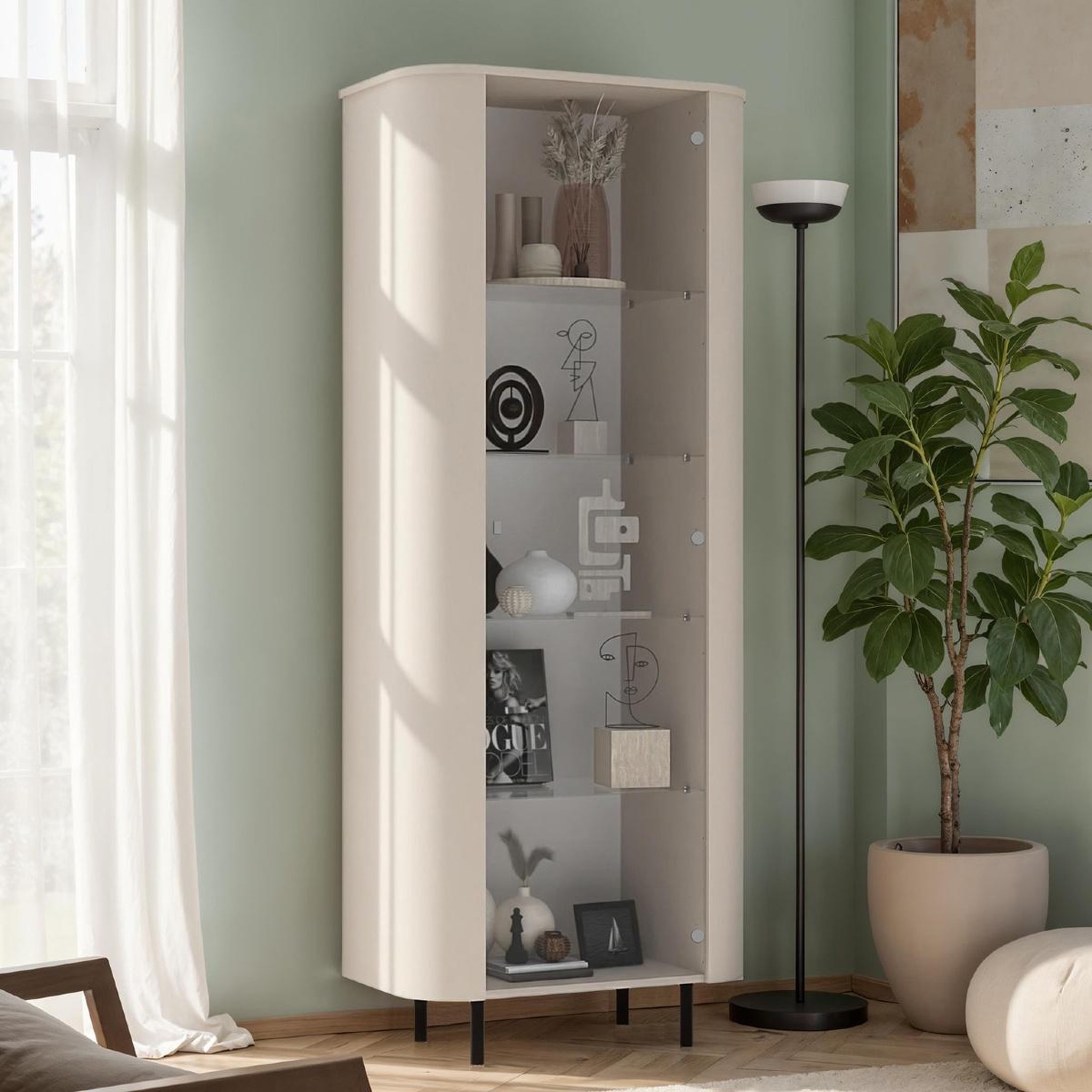 Voir la diapositive 2 : JLC KREATION Vitrine moderne 1 porte beige cachemire bord arrondi olga