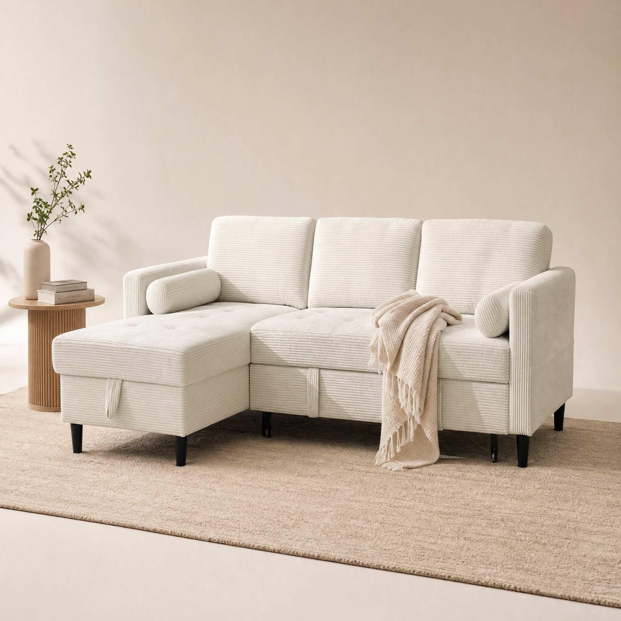 Voir la diapositive 2 : BEST MOBILIER Marceau - canapé d'angle réversible 4 places convertible avec coffre en velours côtelé
