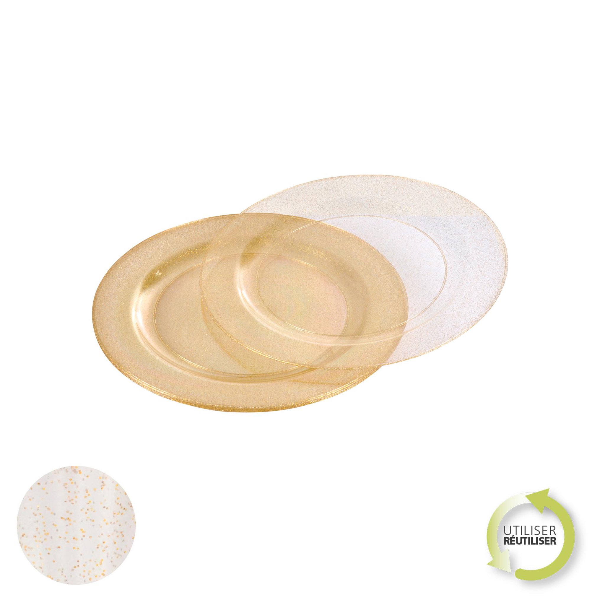 Voir la diapositive 2 : Eden Set de 6 assiettes réutilisables plastique transparent pailleté or