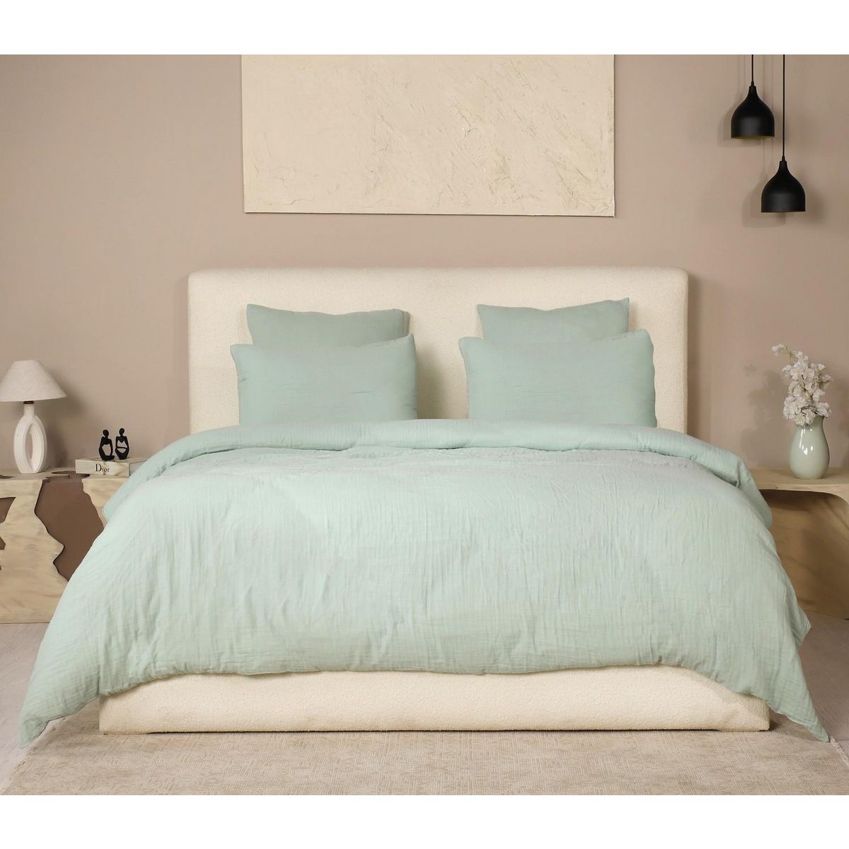 Les Ateliers du Linge Parure De Couette 3 Pcs 240x220 100% Gaze De Coton Lavé Vert Givrée