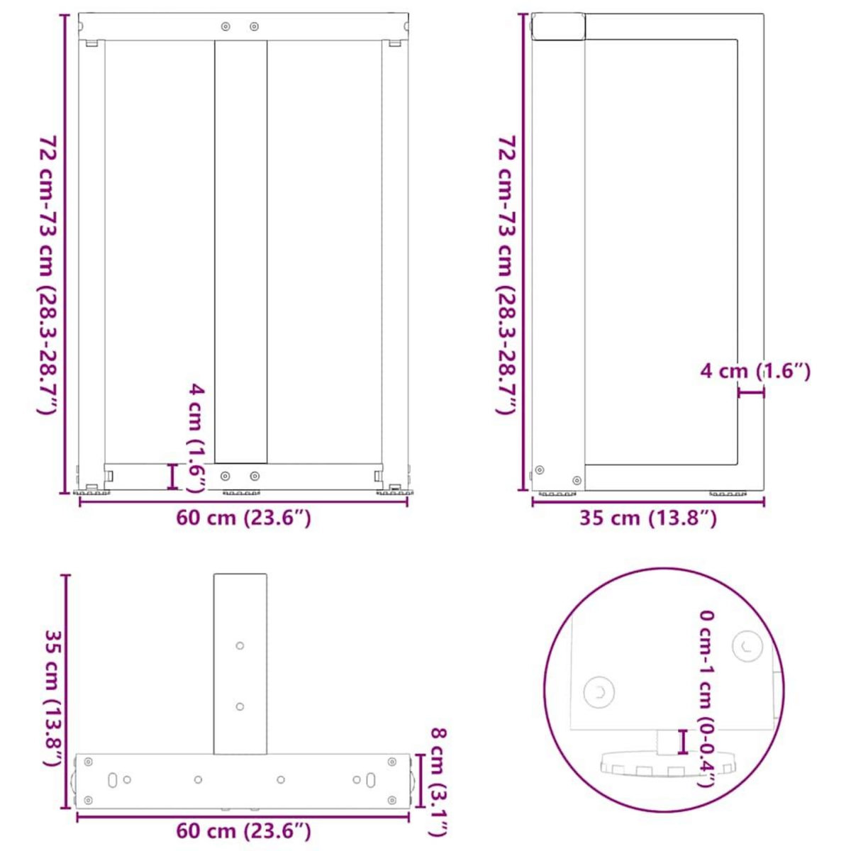 VIDAXL Pieds de table a manger forme de T 2 pcs 60x35x(72-73) cm acier