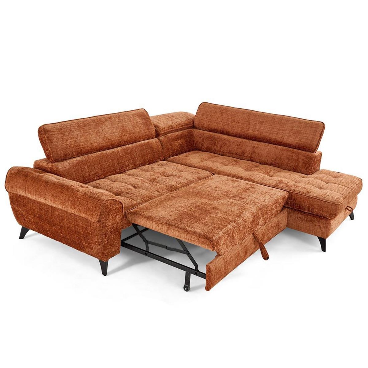 LISA DESIGN Marlo - canapé d'angle droit 5 places convertible avec coffre et têtières en velours texturé