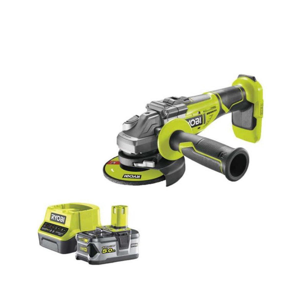 Ryobi Pack RYOBI meuleuse d'angle brushless 18V One+ R18AG7-0 - 1 batterie 18V 5.0Ah - 1 chargeur rapide