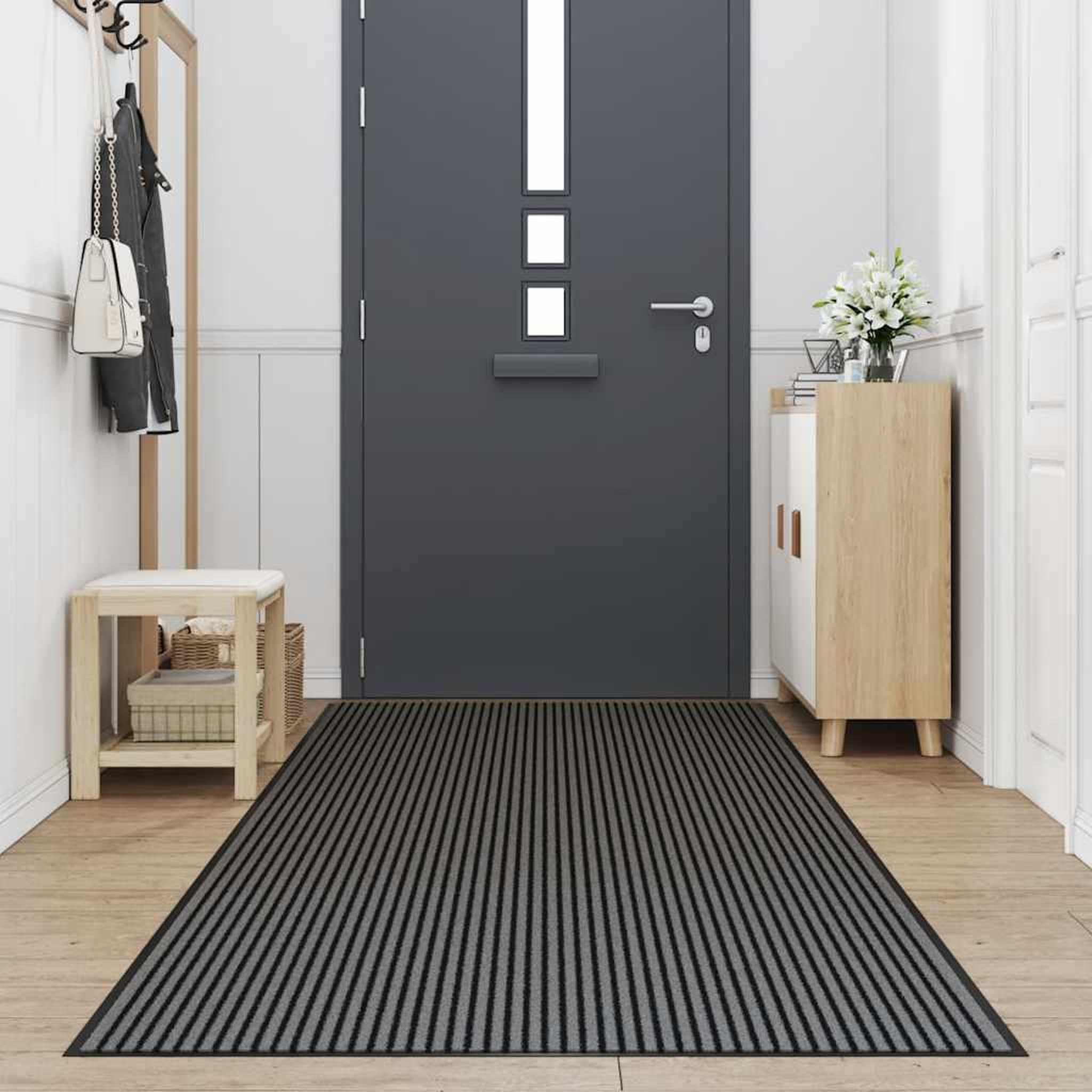 Voir la diapositive 2 : VIDAXL Paillasson noir et gris a rayures 115x500 cm