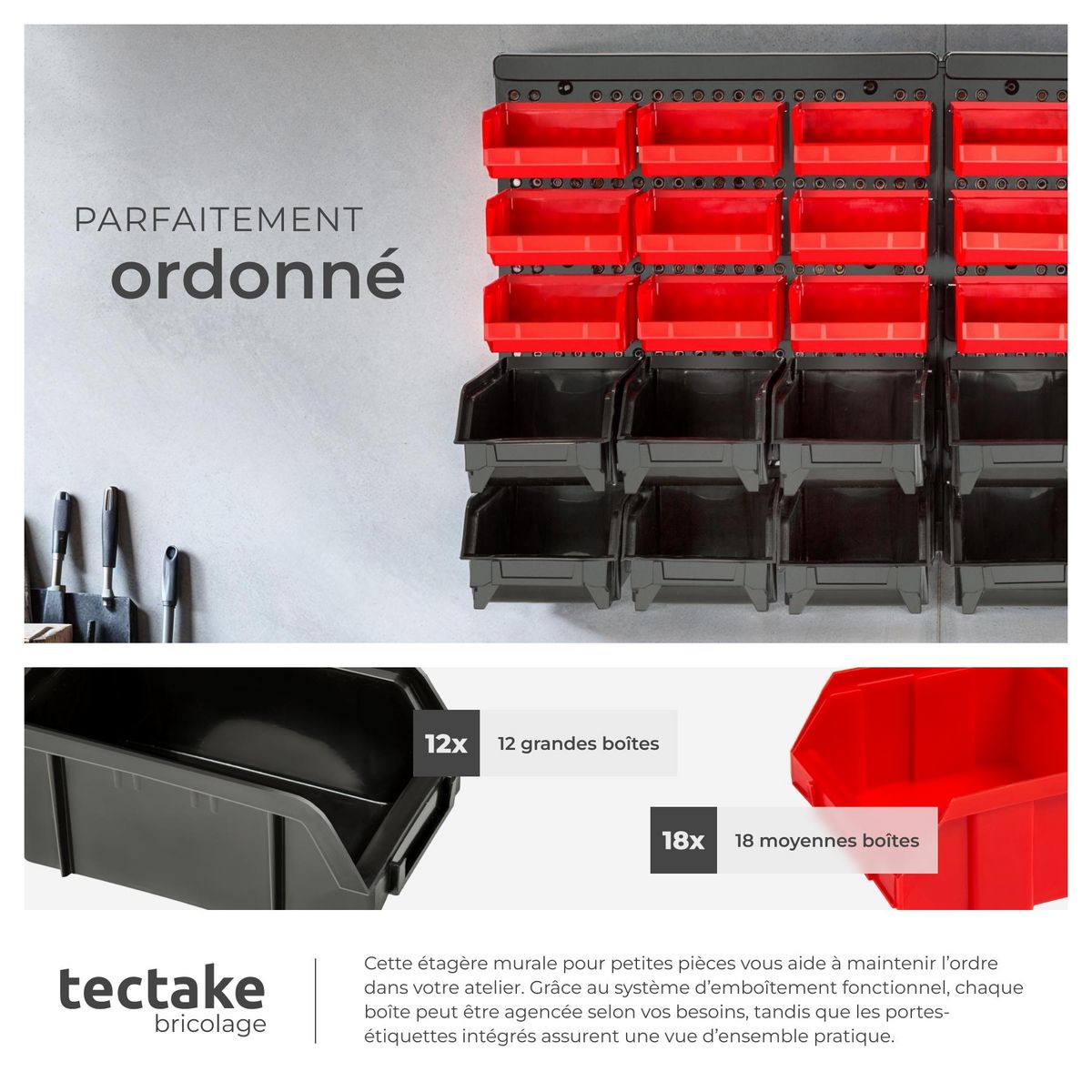 tectake Étagère murale avec bacs de rangement 31 pièces noir une pièce