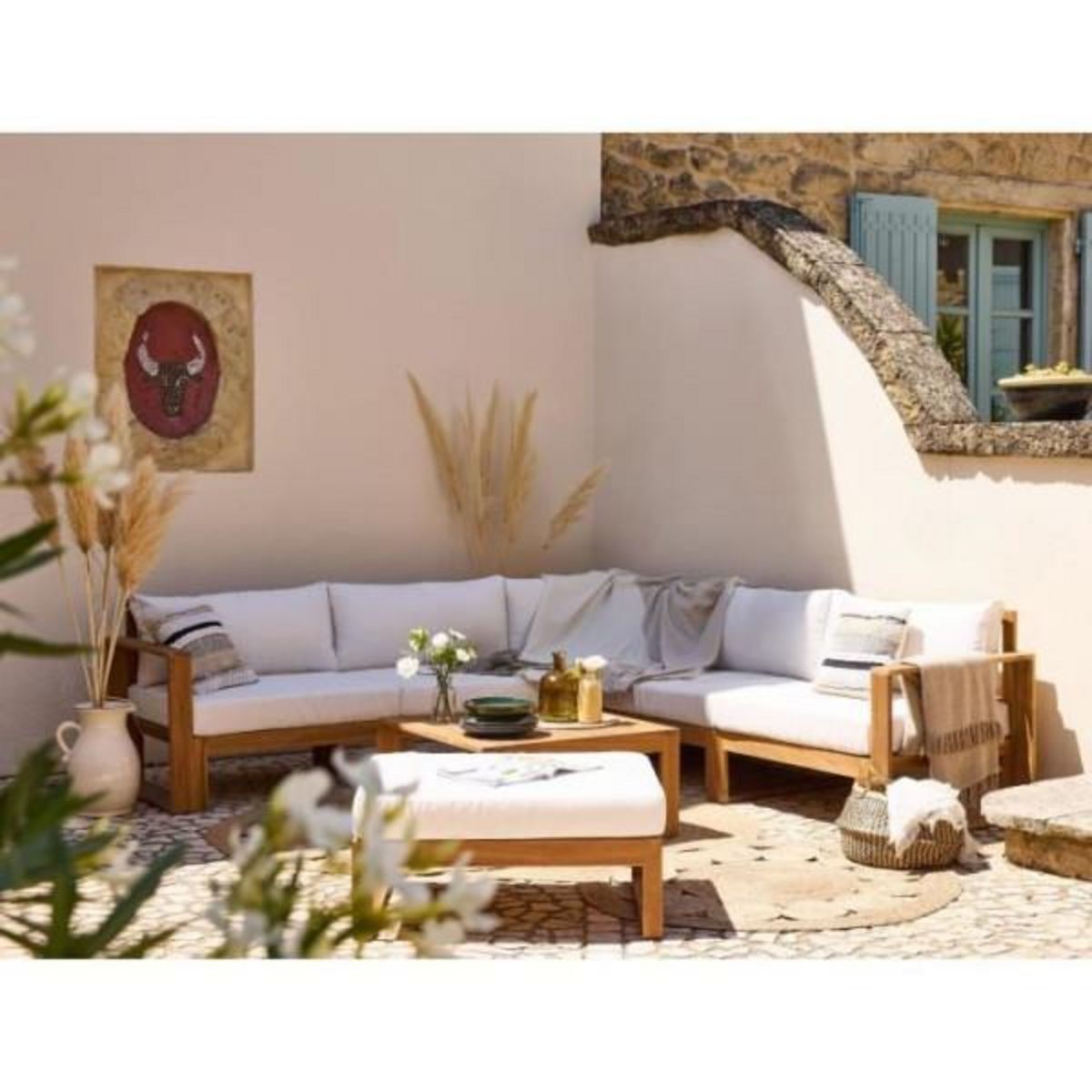 BOCARNEA Salon de jardin d'angle modulable - Bois d'acacia - 7 personnes - LEVATA XL - Blanc cassé + Housse