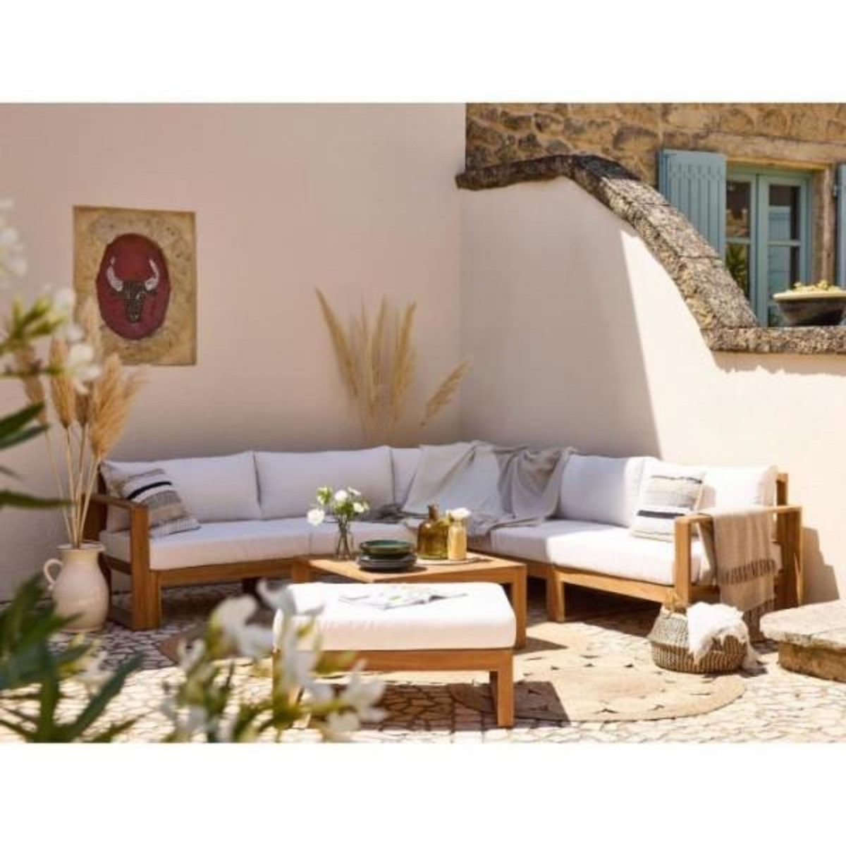 BOCARNEA Salon de jardin d'angle modulable - Bois d'acacia - 7 personnes - LEVATA XL - Blanc cassé + Housse