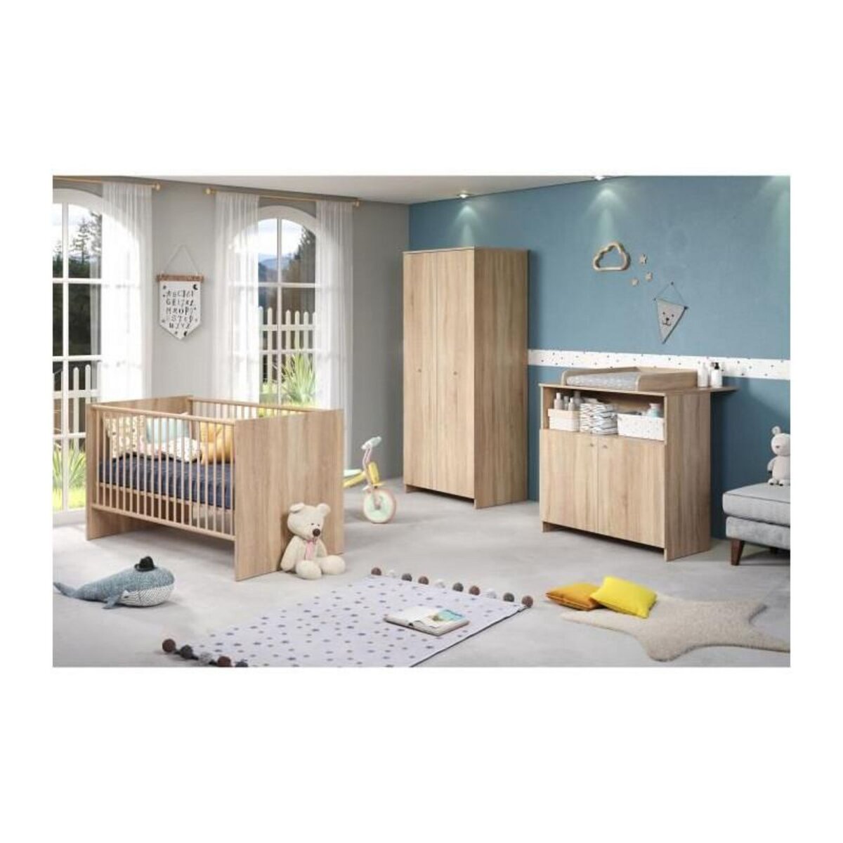 TREND TEAM Chambre bébé trio NIKO - Lit 70x140 cm + Commode a langer 2 portes + Armoire 2 portes - Décor chene naturel - TRENDTEAM