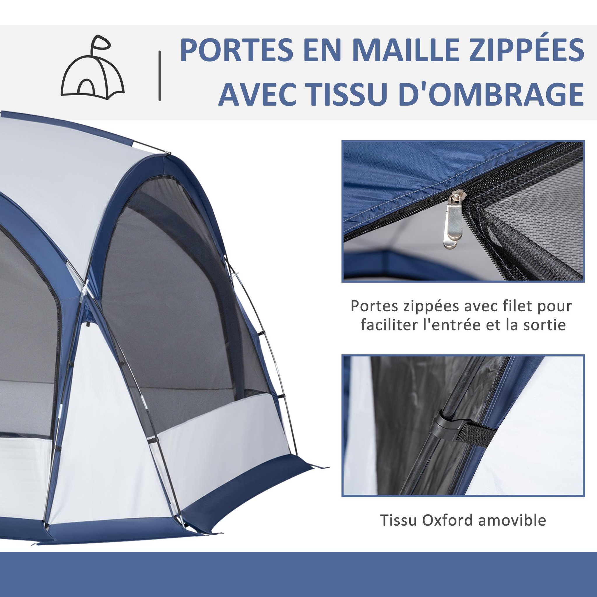 Voir la diapositive 6 : OUTSUNNY Tente de camping dôme familiale 6-8 personnes - 4 portes en filet zippées, tissu oxford amovible, crochet lampe, sac de transport - dim. 350l x 350l x 230h cm - blanc bleu