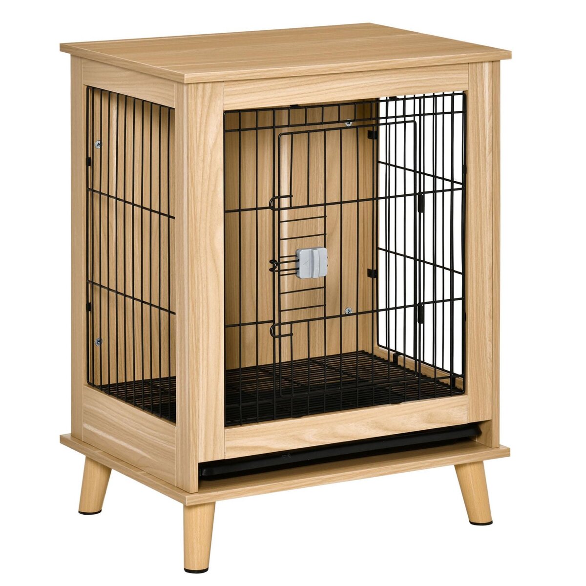 PAWHUT Cage pour chien sur pied style scandinave - dim. 64L x 48l x 83H cm - porte verrouillable, plateau déjection coulissant - acier noir panneaux particules aspect bois clair