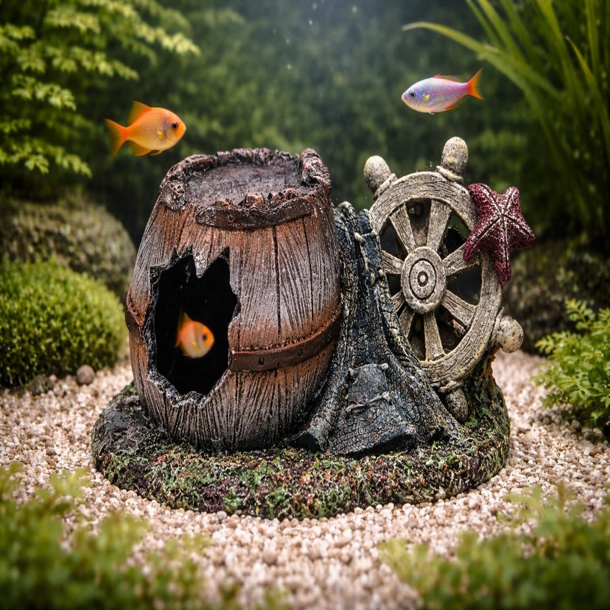 Voir la diapositive 2 : Eden Décoration aquarium tonneau cassé gouvernail cachette pour poisson